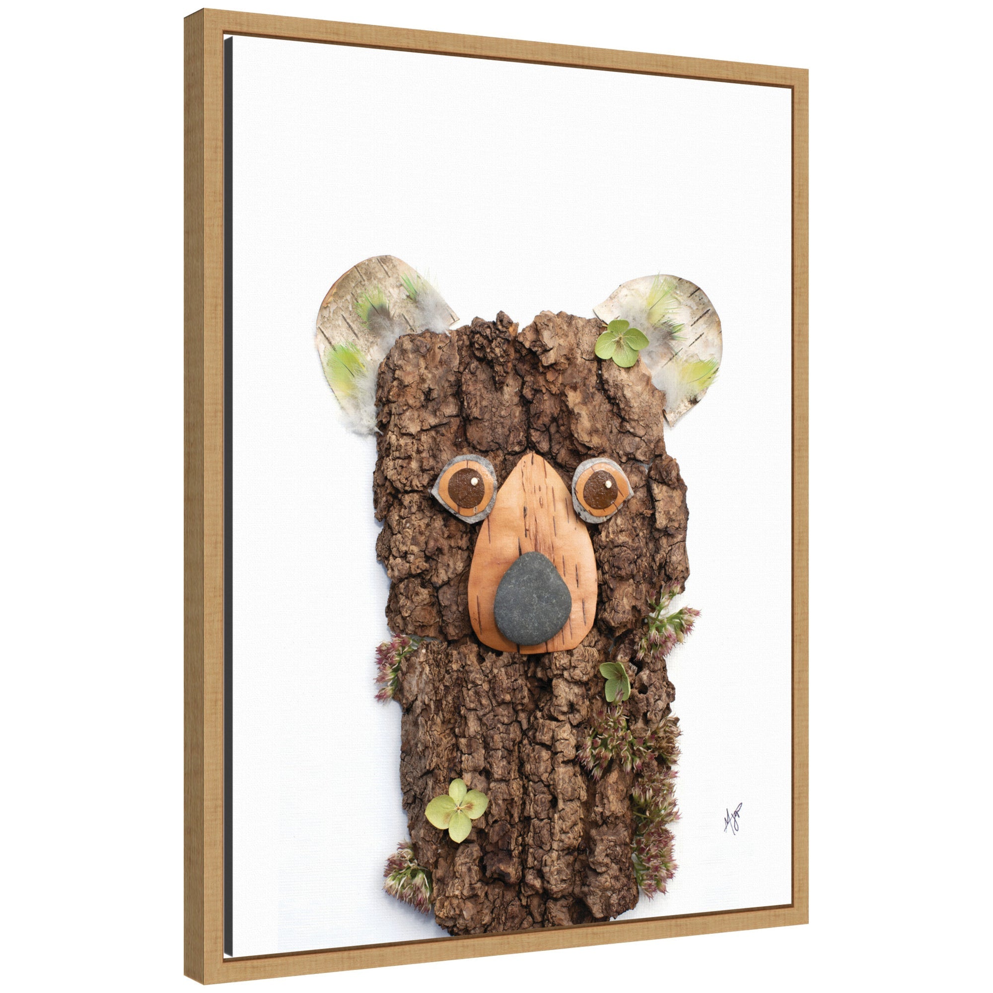 Bear with Green by Madeline Jeppesen framed canvas wall art print with rustic farmhouse style in Sylvie Natural frame