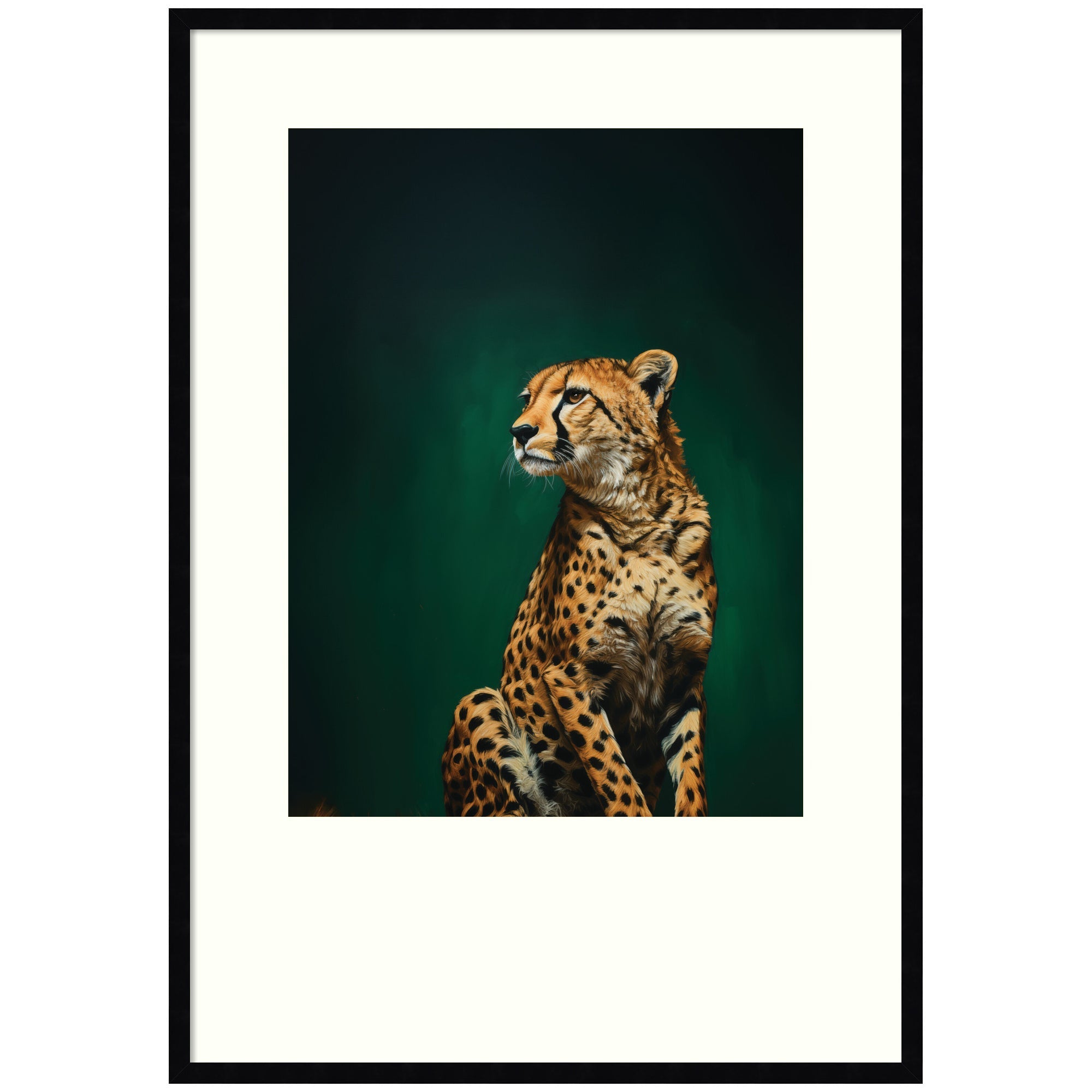 Framed wall art showing an emerald green leopard on a twilight background, styled in a modern interior setting