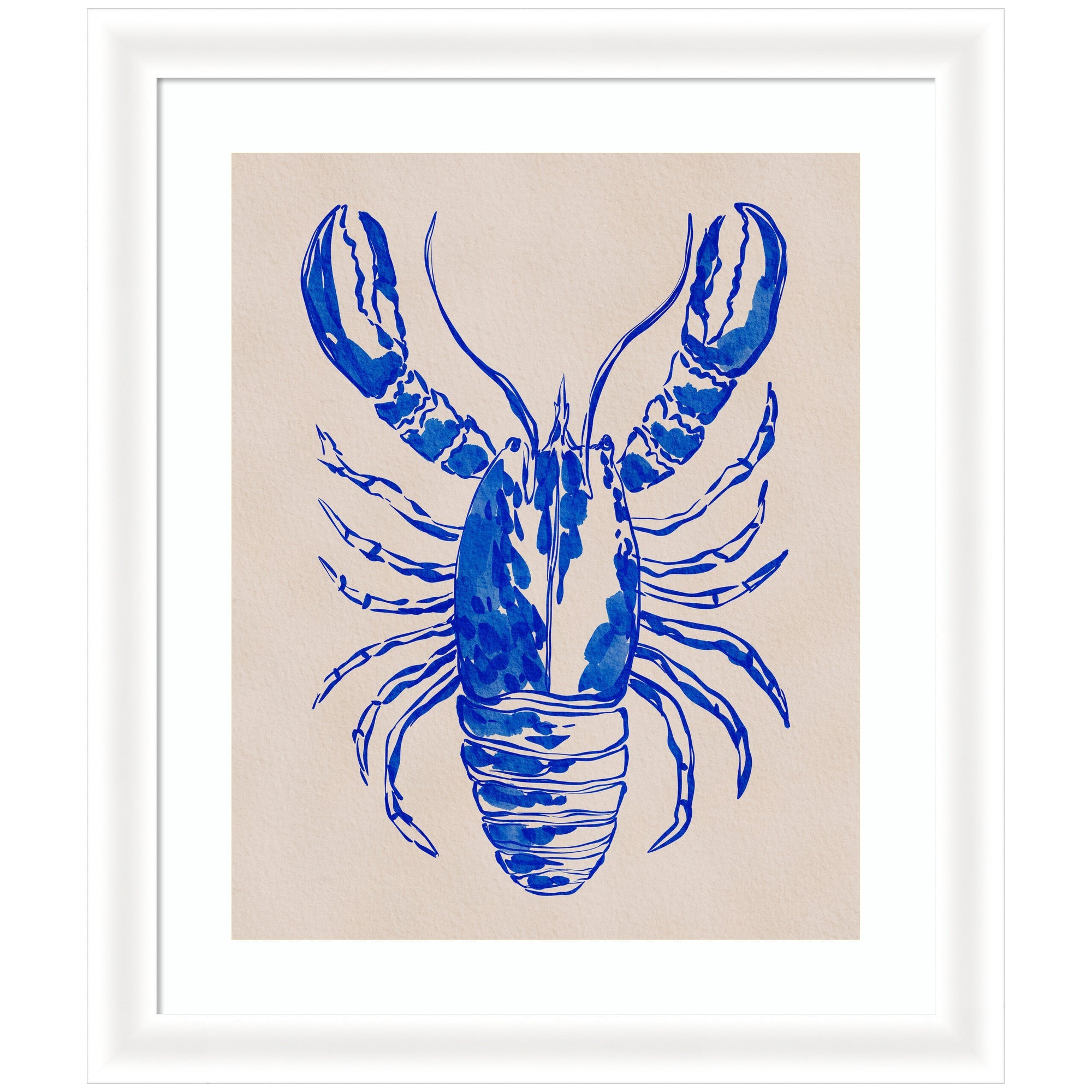 Framed art print of blue lobster silhouette by Nikita Jariwala in Oliver White Narrow molding