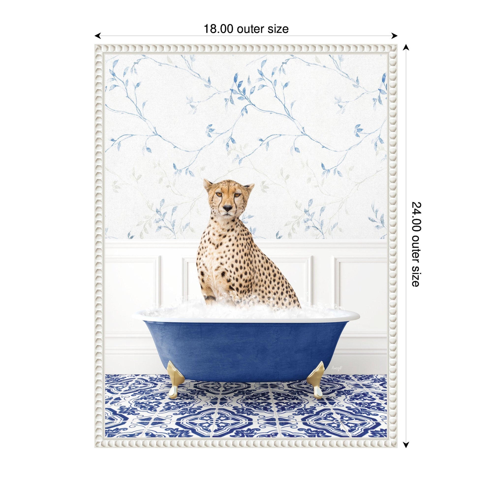 Sylvie Cheetah in Eclectic Blue Bath Framed Canvas by Amy Peterson