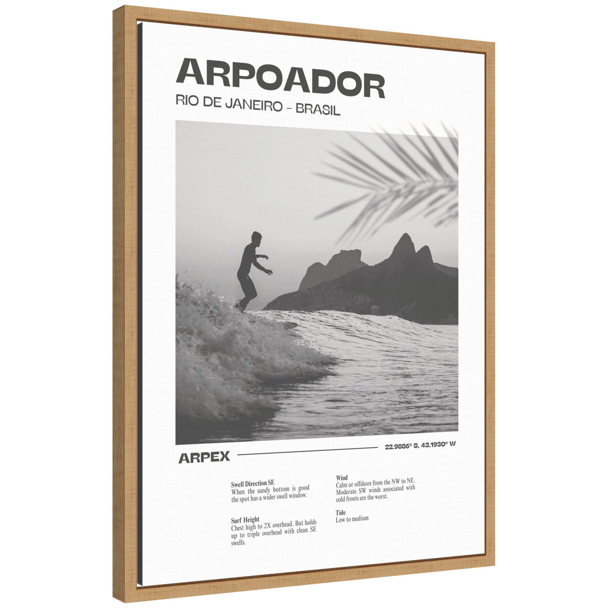 Framed canvas wall art of Rio de Janeiro coastal scene with surfer silhouette and palm frond shadows