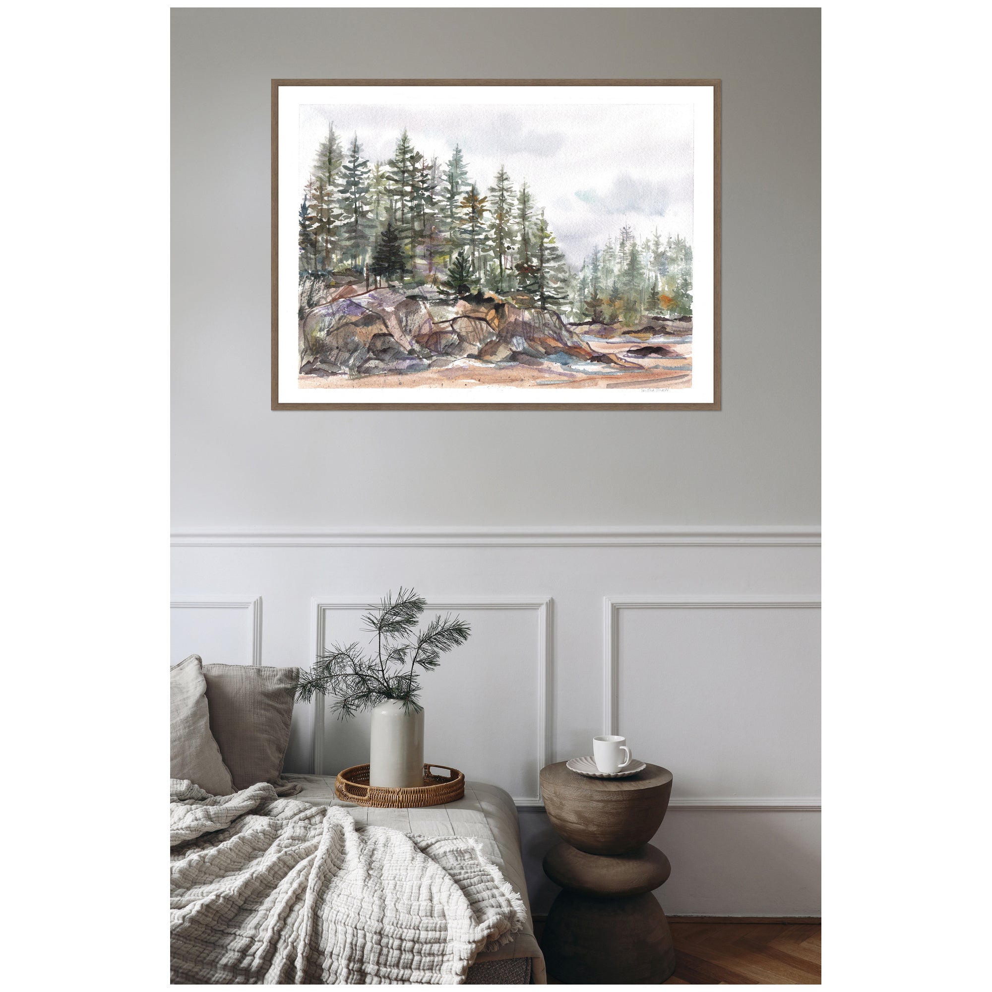Sylvie Framed Canvas Pine Trees on Rocky Coast by Patricia Shaw