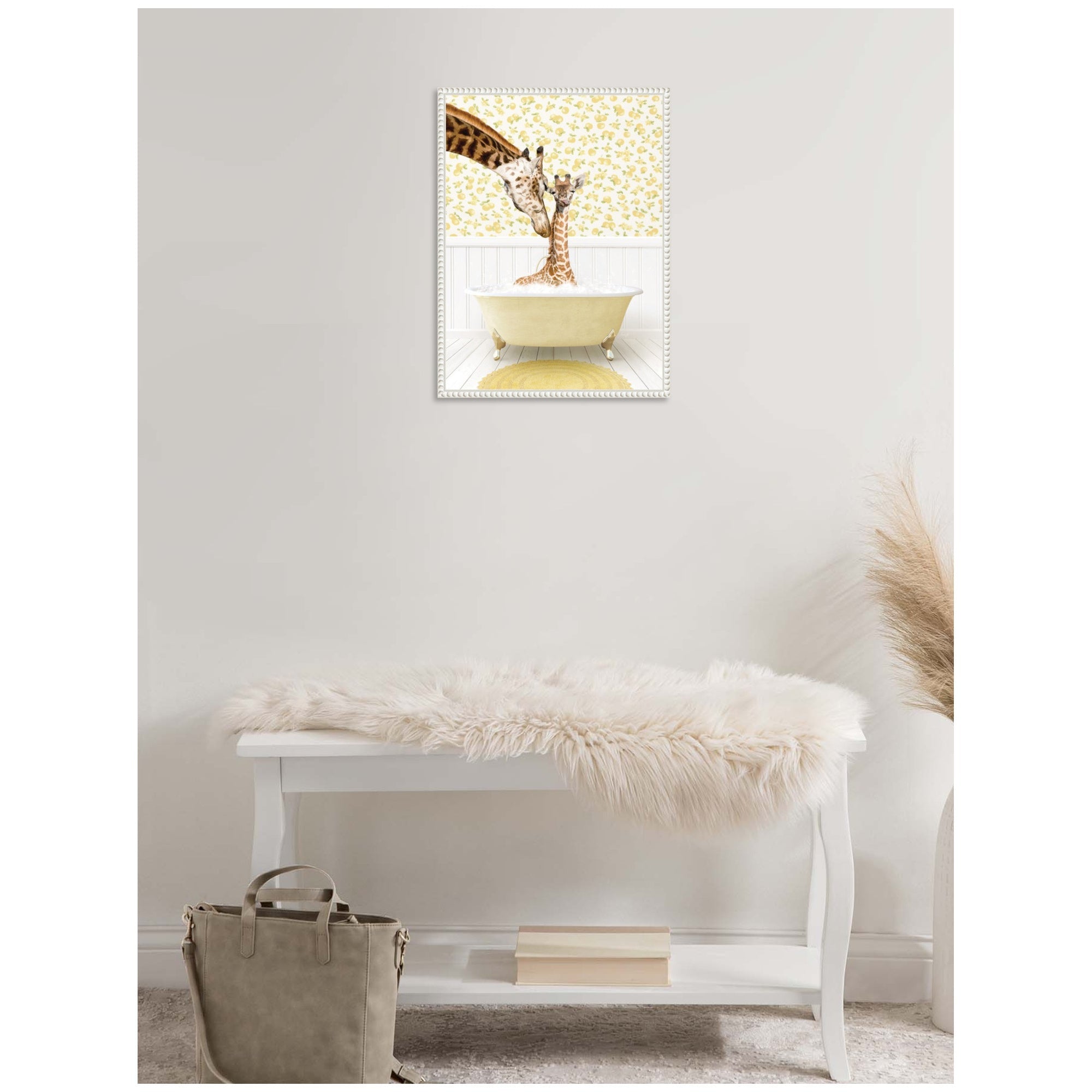 Sylvie Mother and Baby Giraffe in Cottage Yellow Bathtub Framed Canvas by Amy Peterson