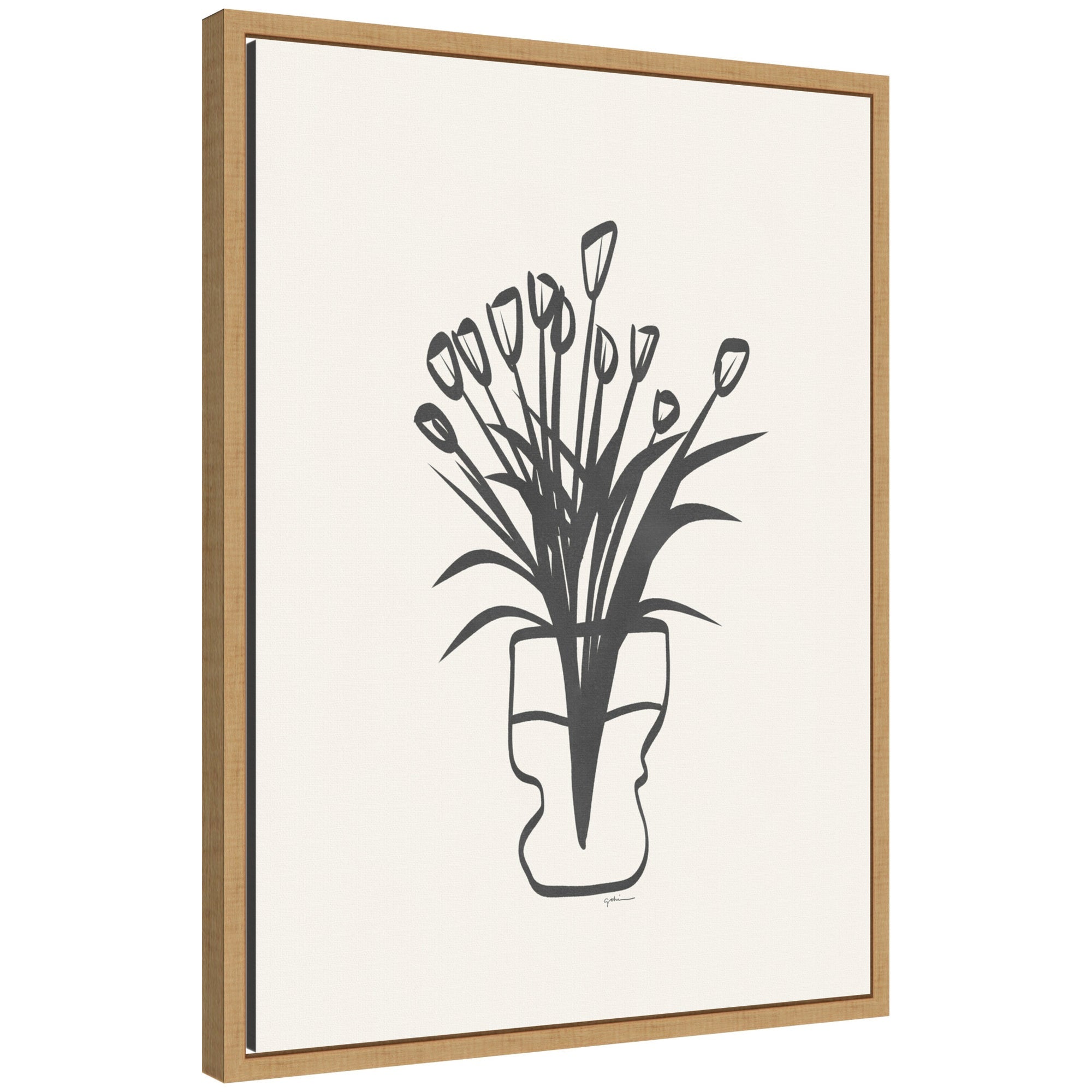 Framed canvas print titled 'Tulips' by Gabrielly Guedes showing natural-colored tulip flowers