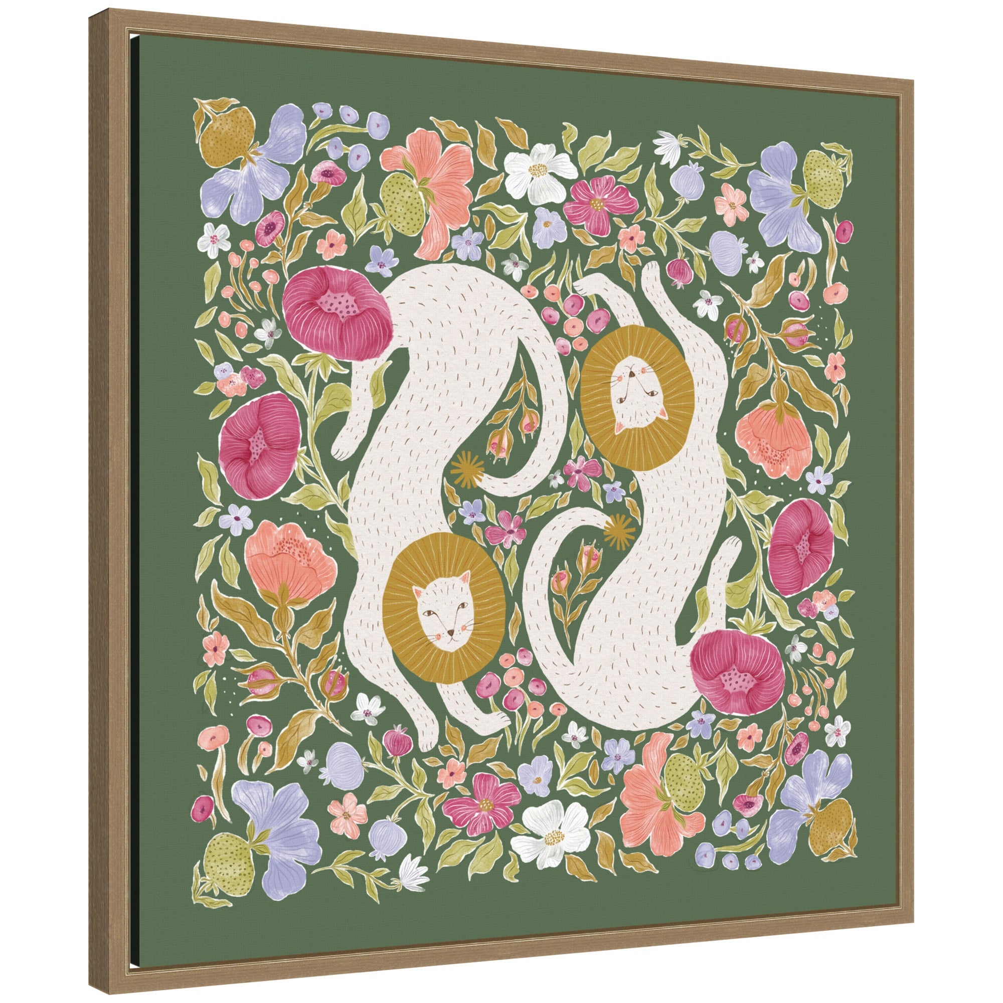 JL Lions Menagerie framed canvas wall art showing whimsical lion illustration in Sylvie dark gold frame