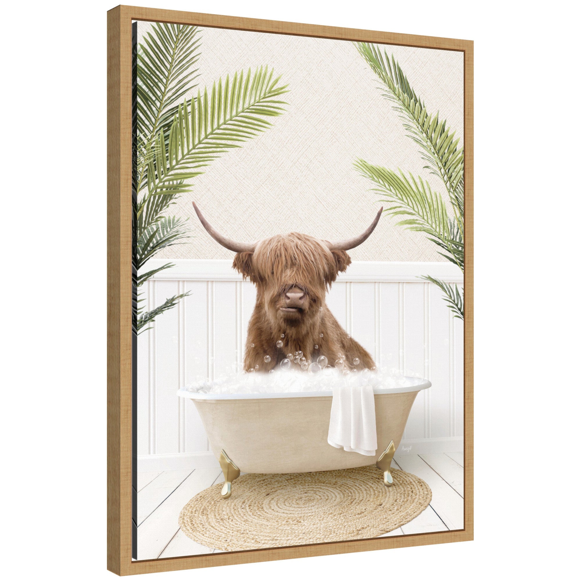 Framed canvas art of a highland cow sitting in a palm leaf-patterned bathtub, by Amy Peterson