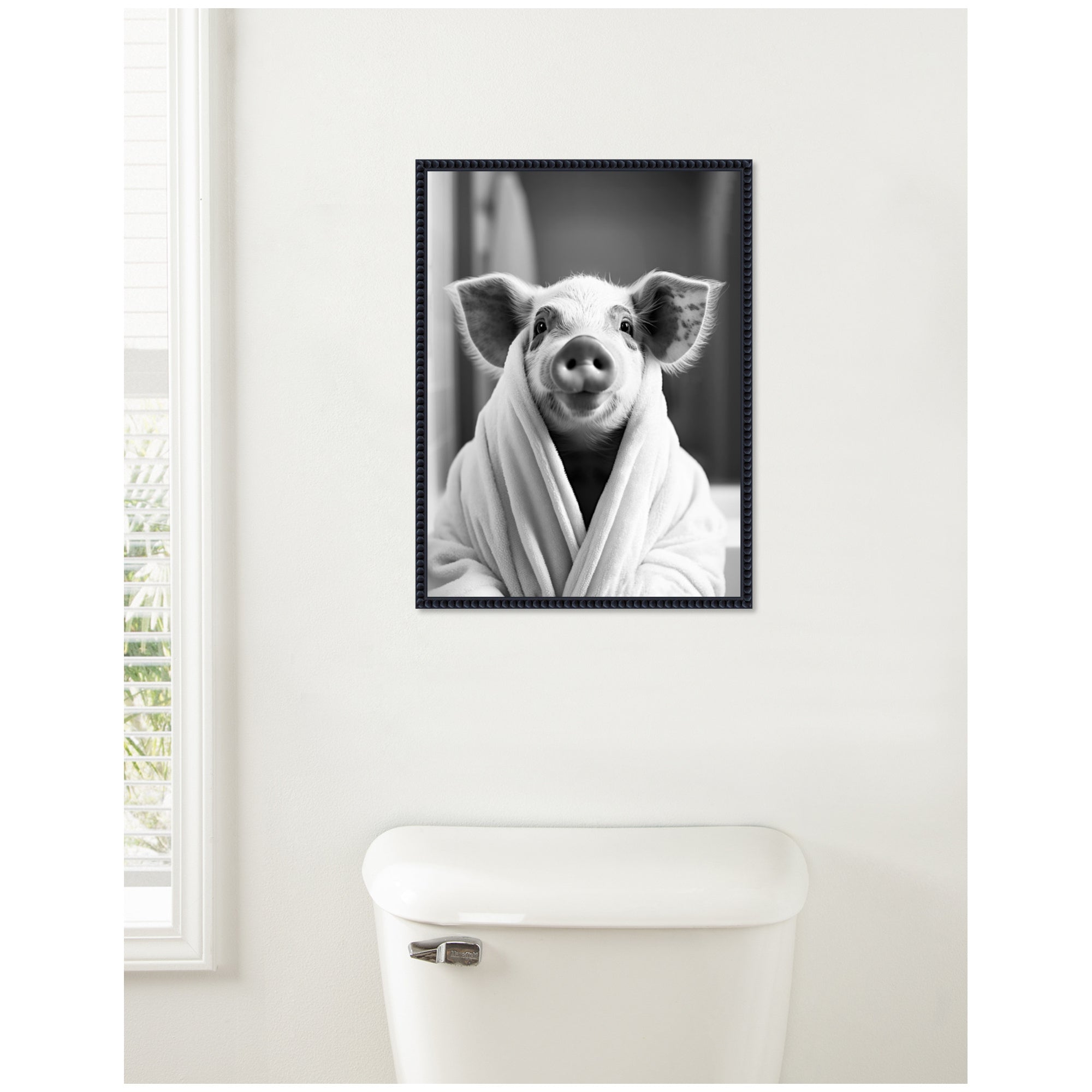 Sylvie Pig Bathroom Art Towel Robe Black and White Framed Canvas
