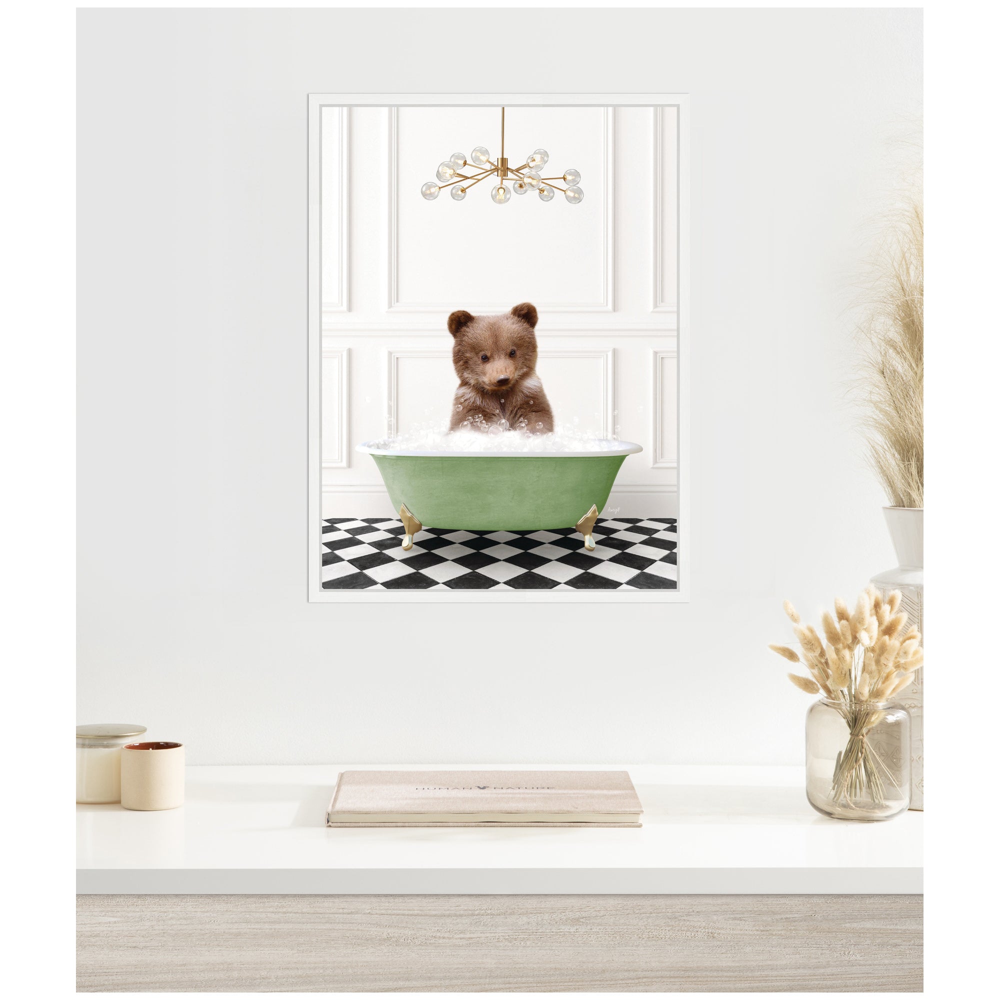 Sylvie Bear Cub in Green Bathtub Checker Floor Framed Canvas by Amy Peterson
