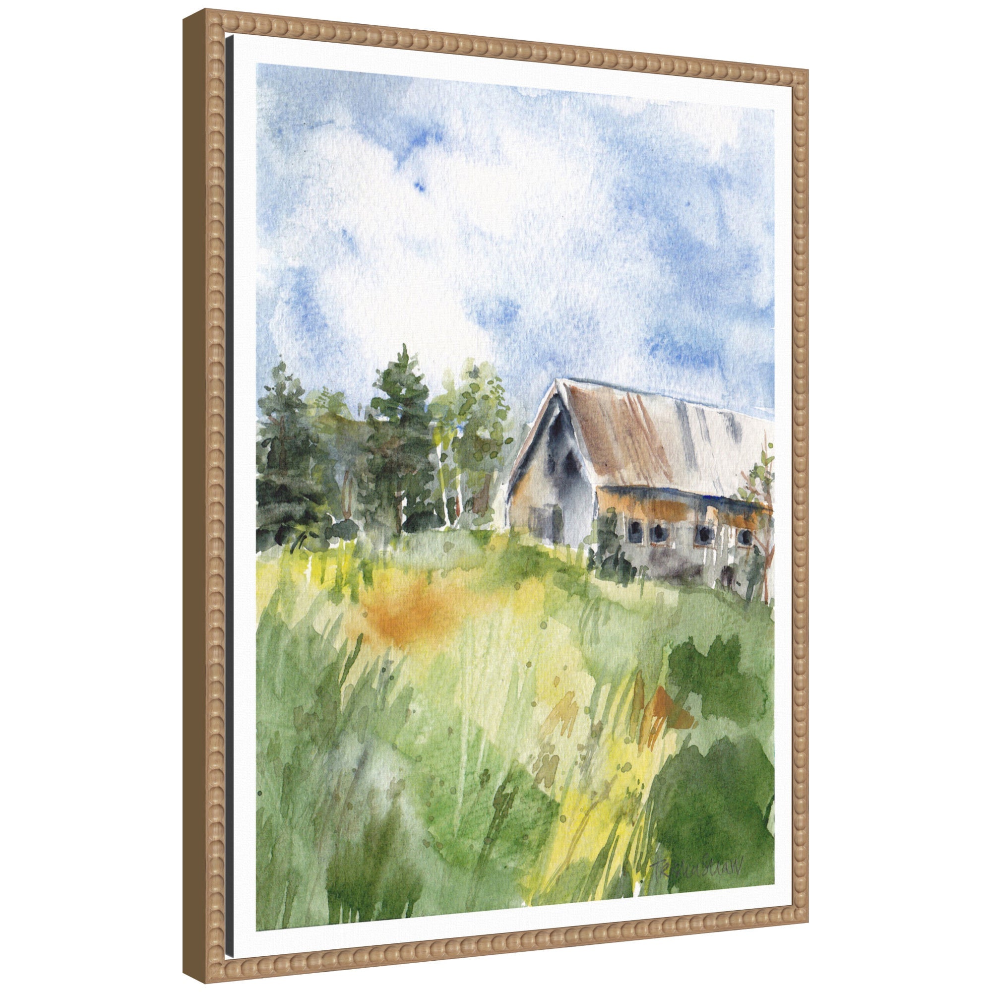 Framed canvas artwork showing a Vermont barn in summer surrounded by greenery and a warm sky