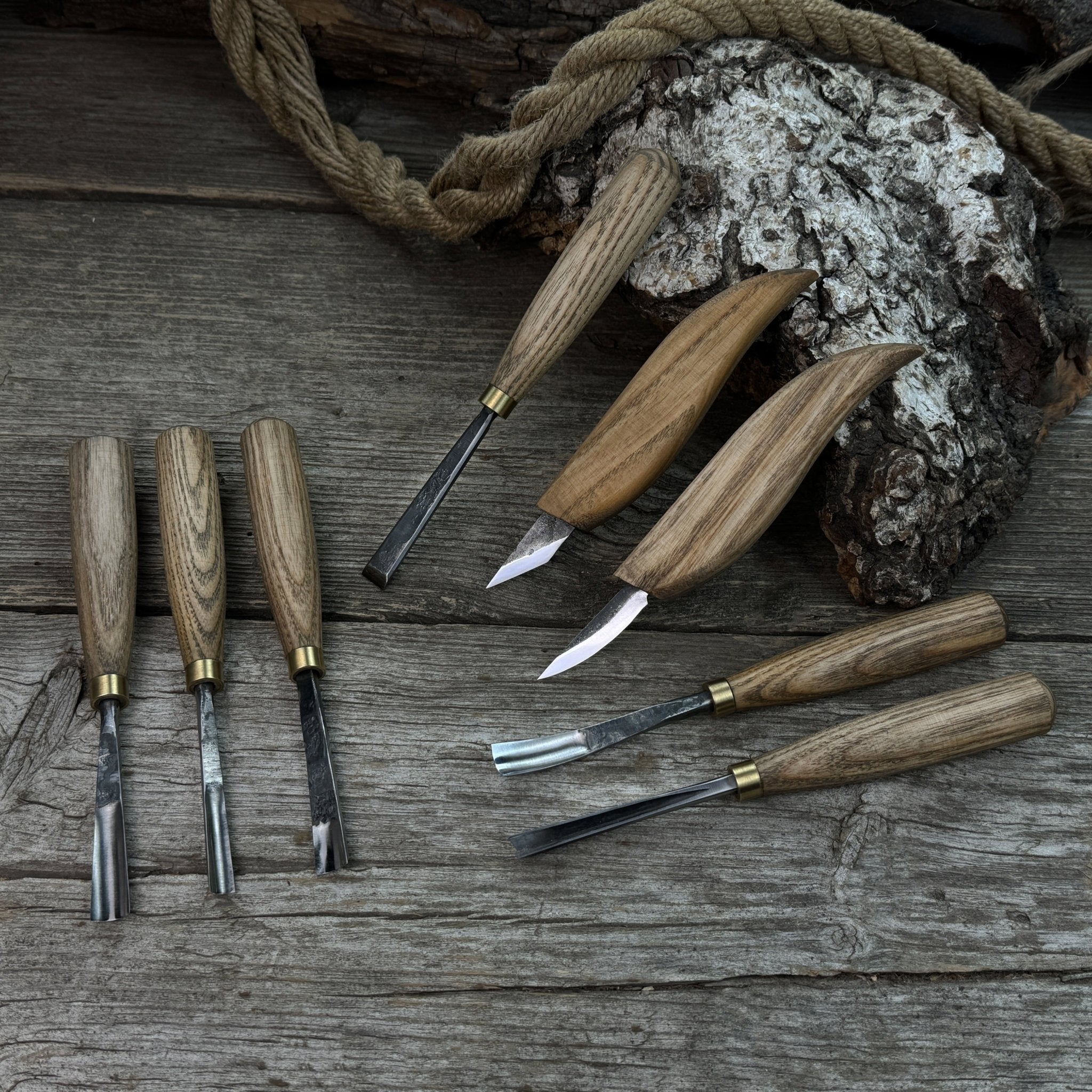 8-Piece Large Wood Carving Tool Set with hand-forged blades and ash wood handles