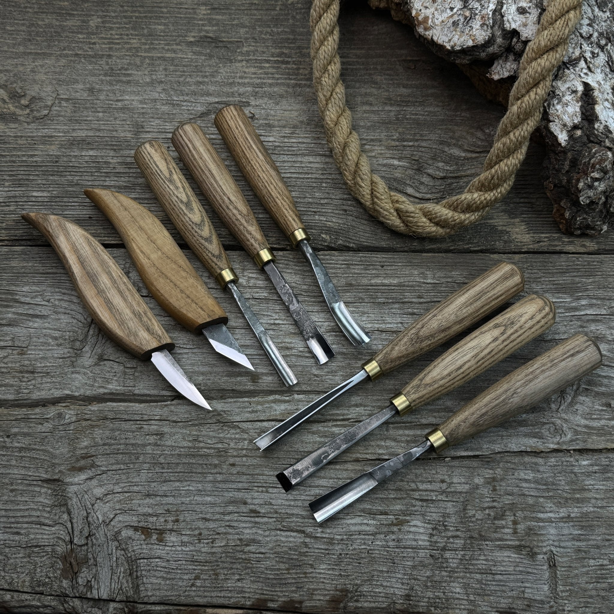 8-Piece Large Wood Carving Tool Set with hand-forged blades and ash wood handles
