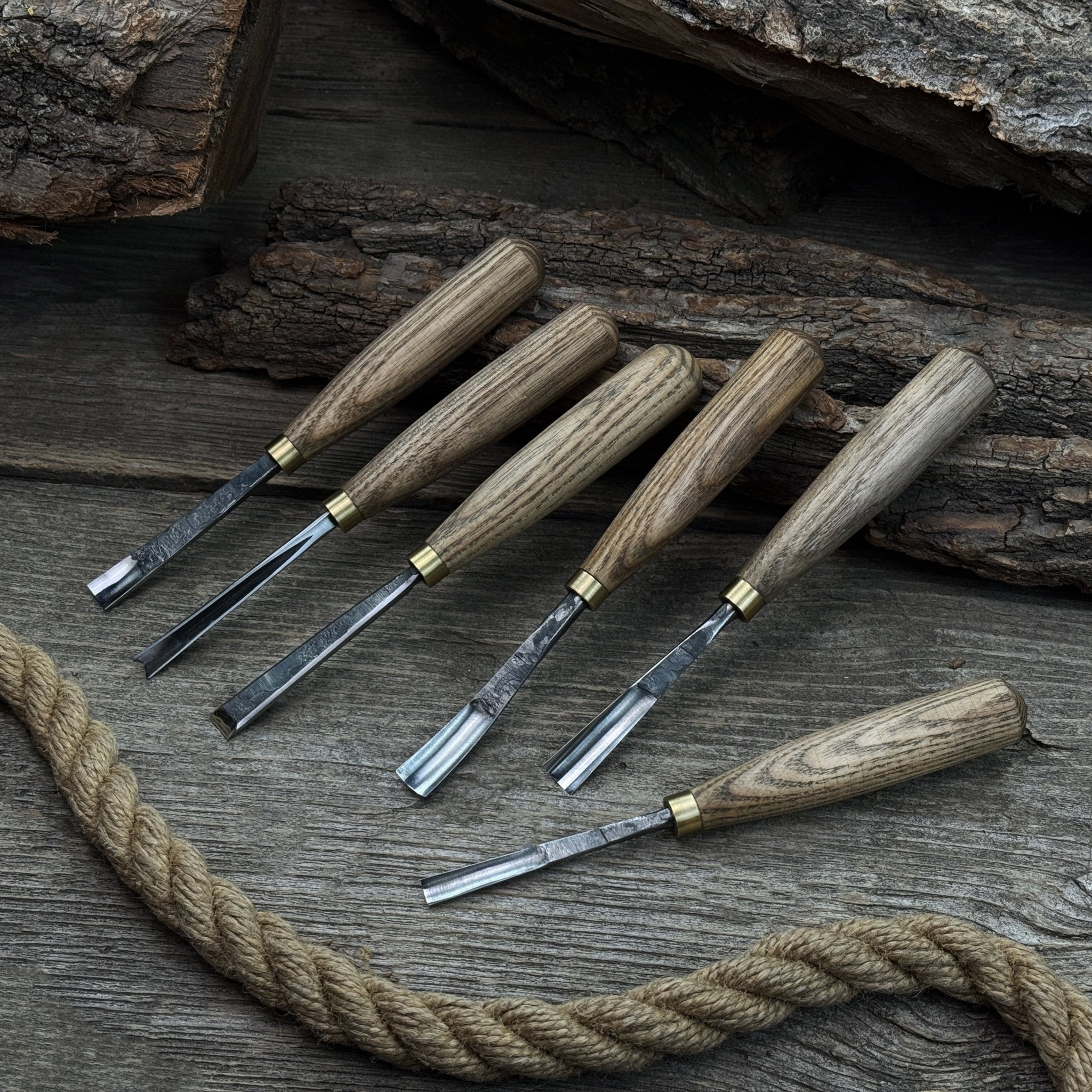 8-Piece Large Wood Carving Tool Set with hand-forged blades and ash wood handles