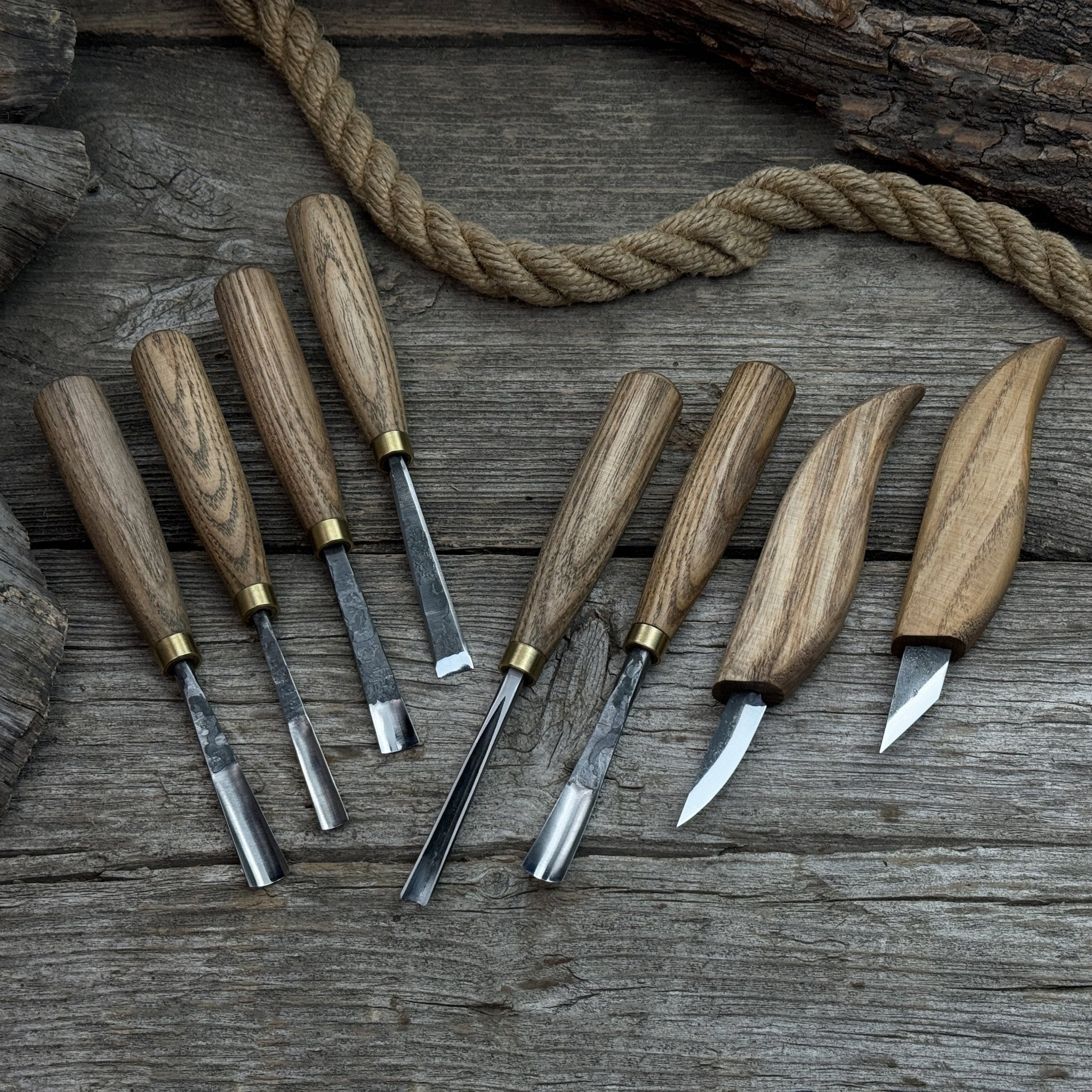 8-Piece Large Wood Carving Tool Set with hand-forged blades and ash wood handles