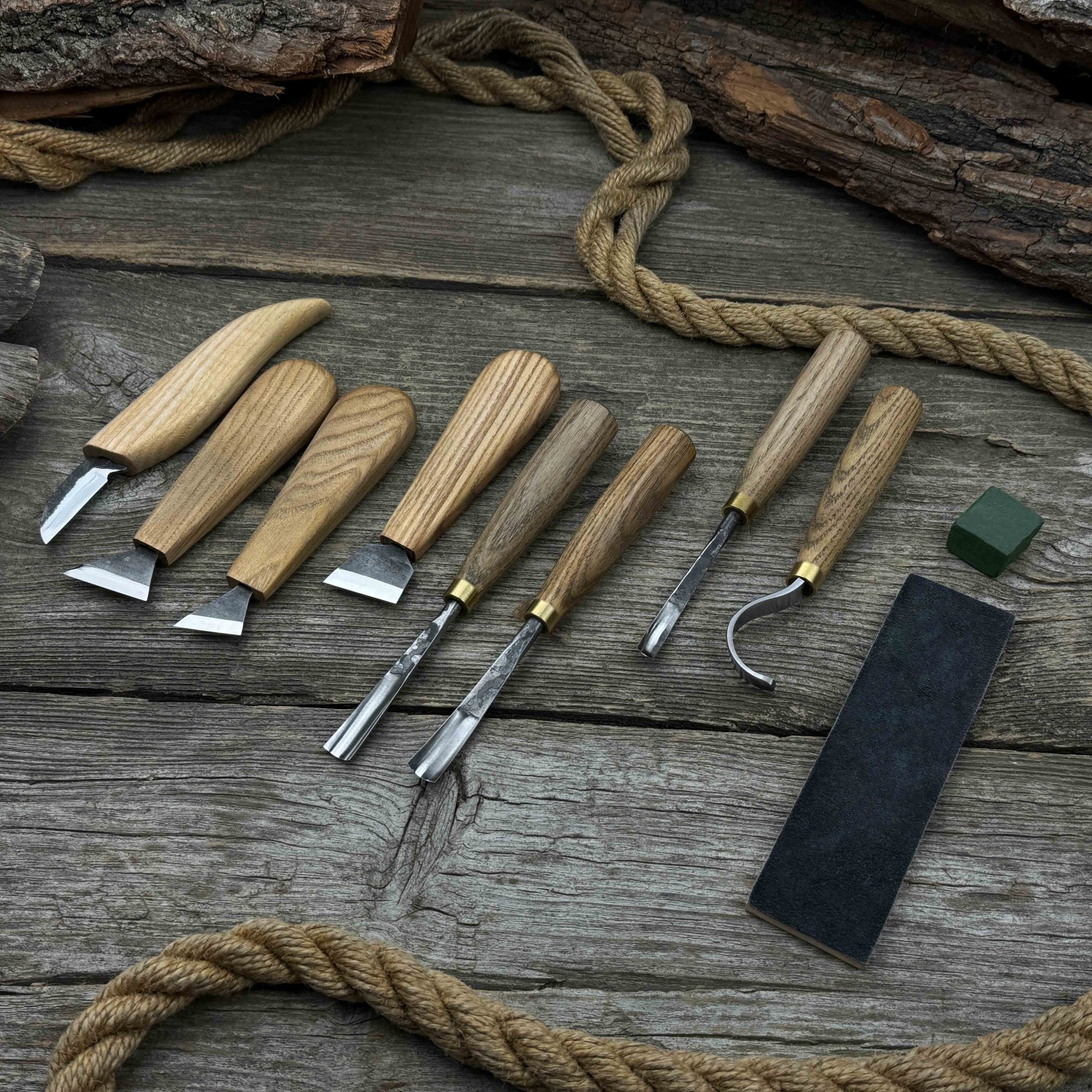 8-piece spoon carving tool set with sharpening board and leather case by Sharky Forged Steel Tools