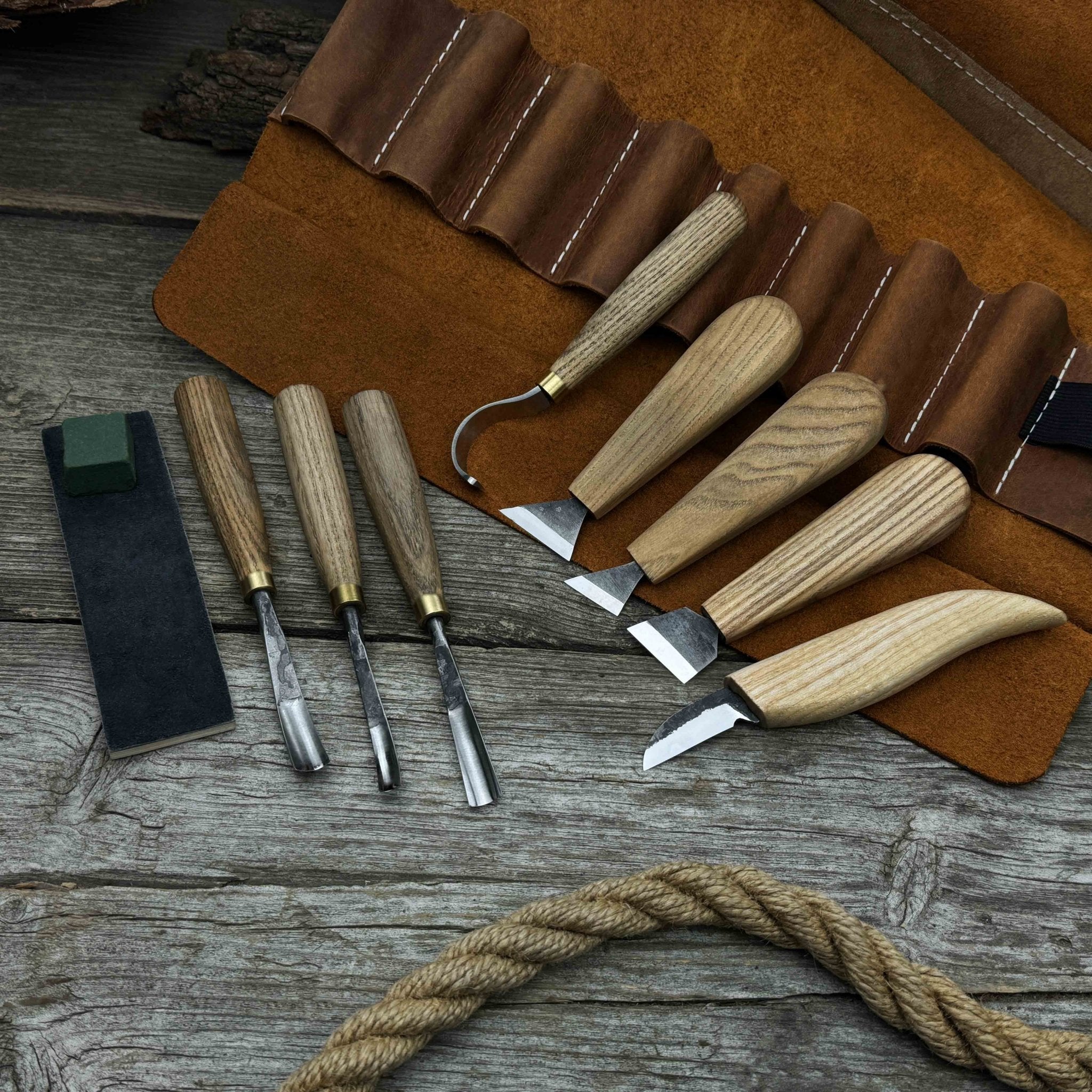 8-piece spoon carving tool set with sharpening board and leather case by Sharky Forged Steel Tools