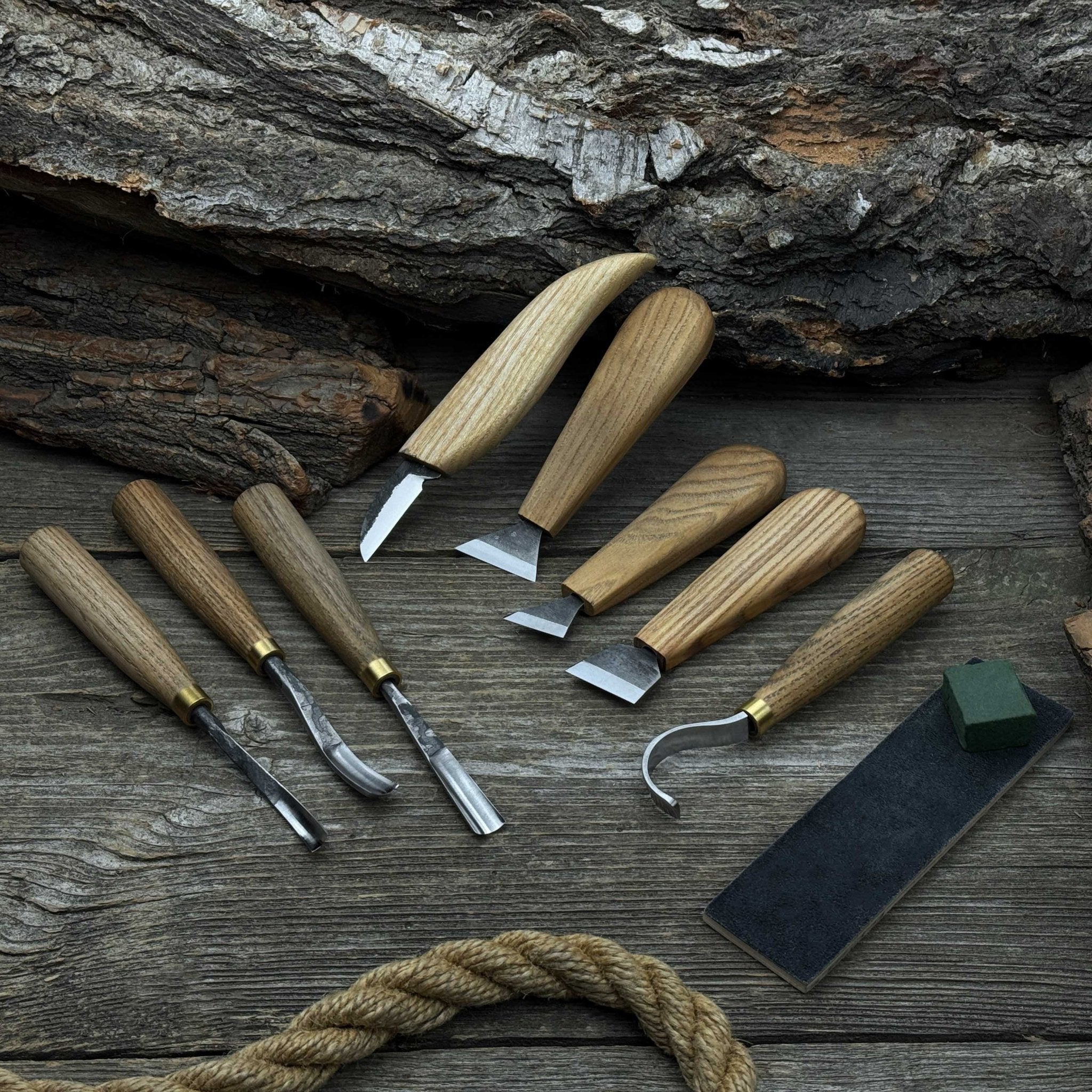 8-piece spoon carving tool set with sharpening board and leather case by Sharky Forged Steel Tools