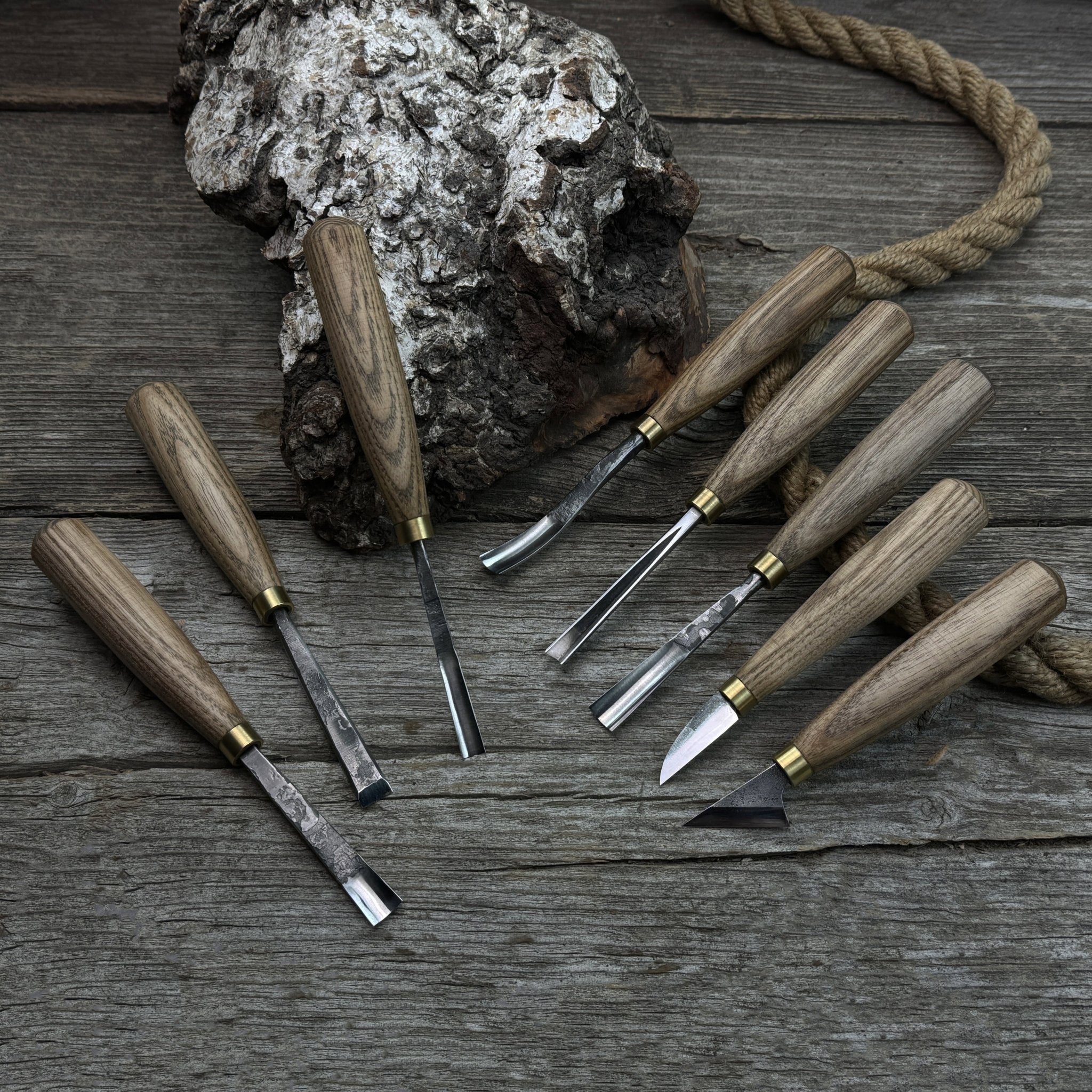 8-piece wood carving tool set with knives and chisels by Sharky Forged Steel Tools