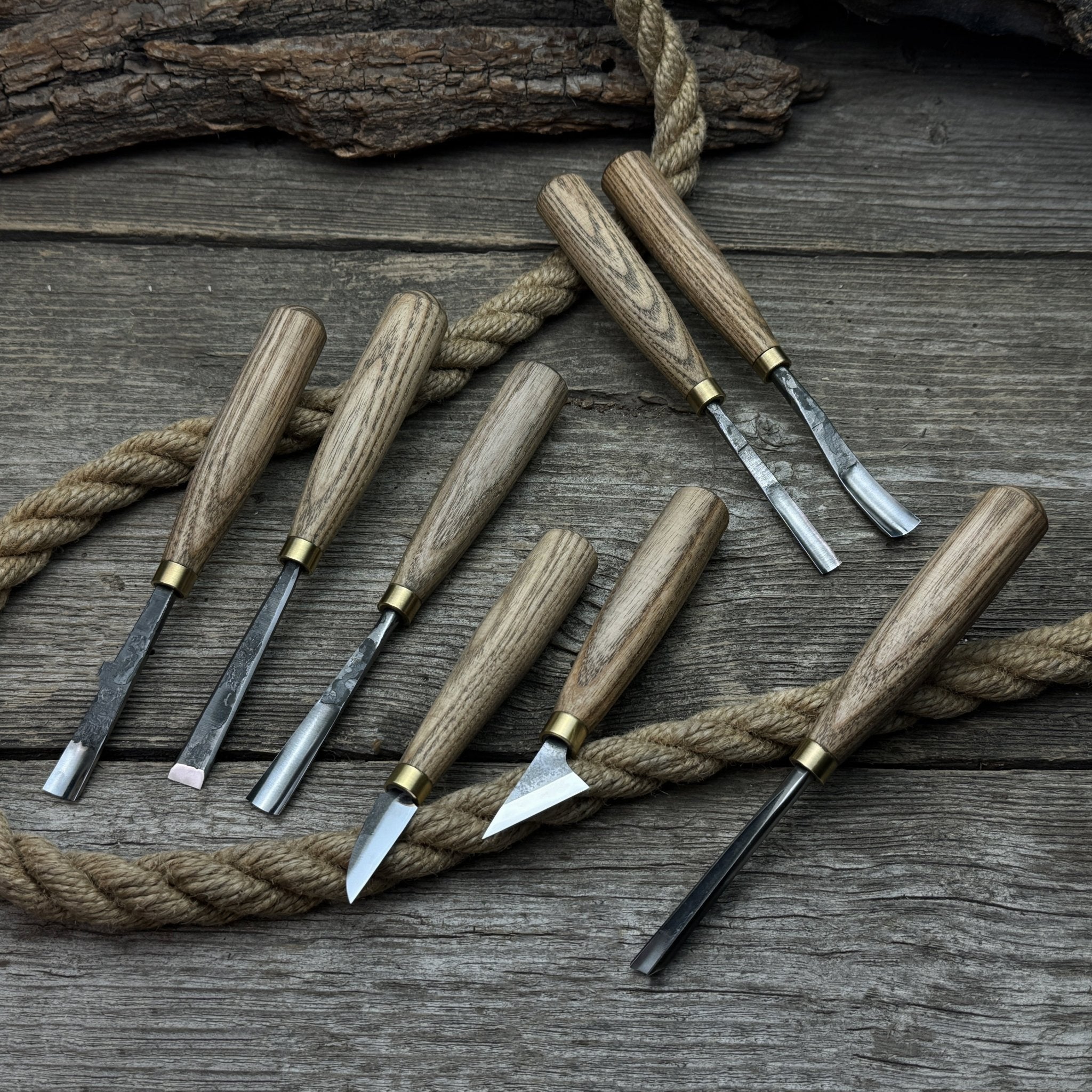 8-piece wood carving tool set with knives and chisels by Sharky Forged Steel Tools