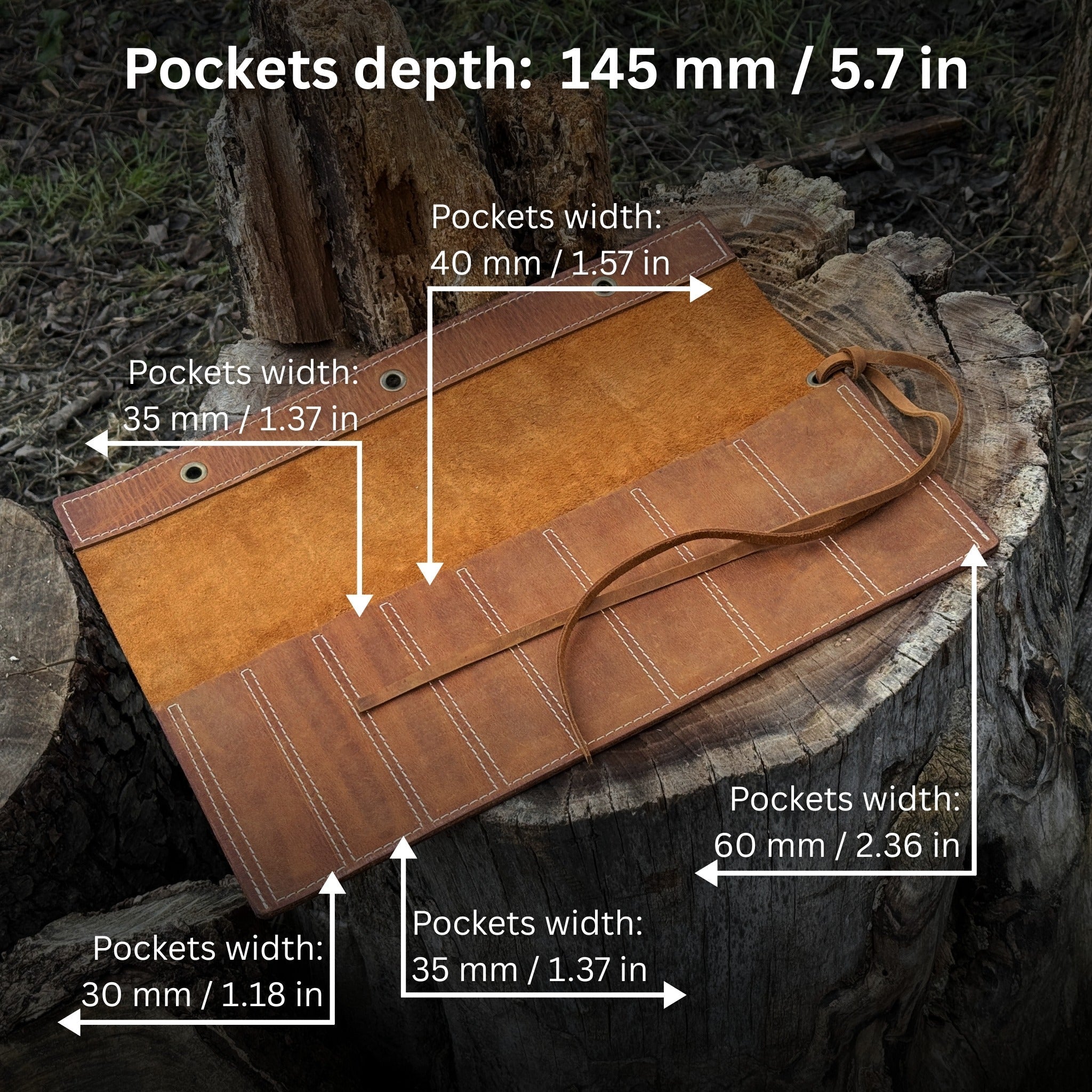 Handmade 8 Pocket Leather Chisel Roll made from Crazy Horse leather by Sharky Forged Steel Tools