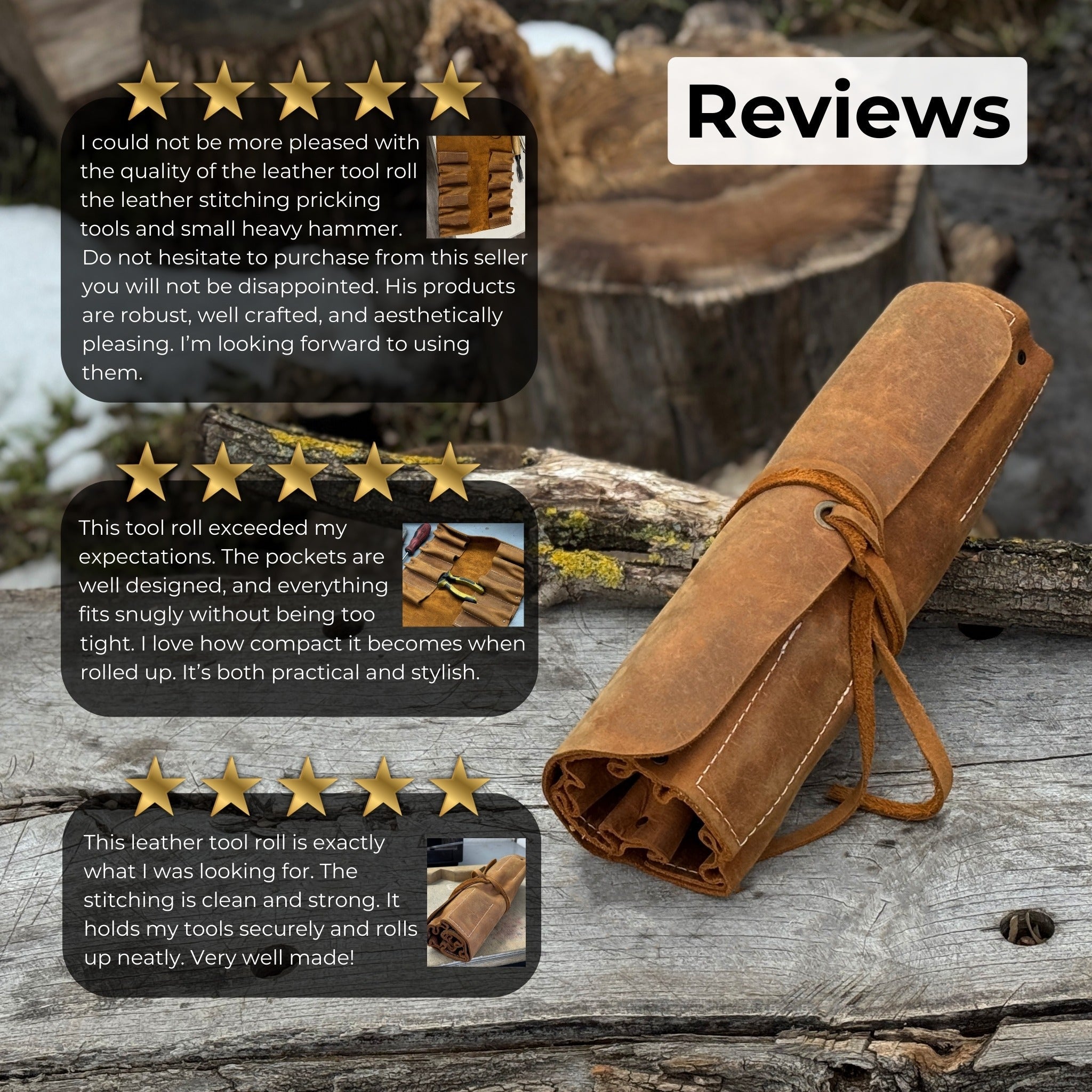 Handmade 8 pocket leather tool roll by Sharky Forged Steel Tools, open with tools inside