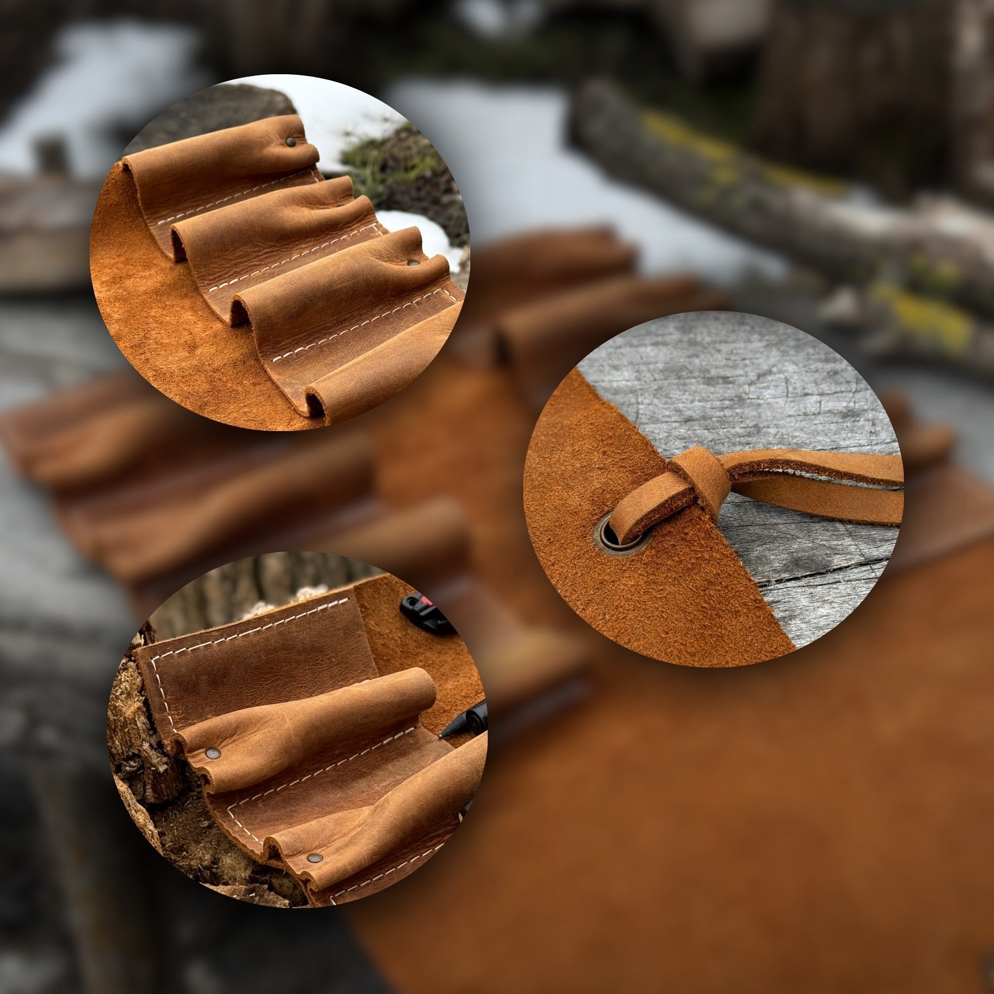 Handmade 8 pocket leather tool roll by Sharky Forged Steel Tools, open with tools inside