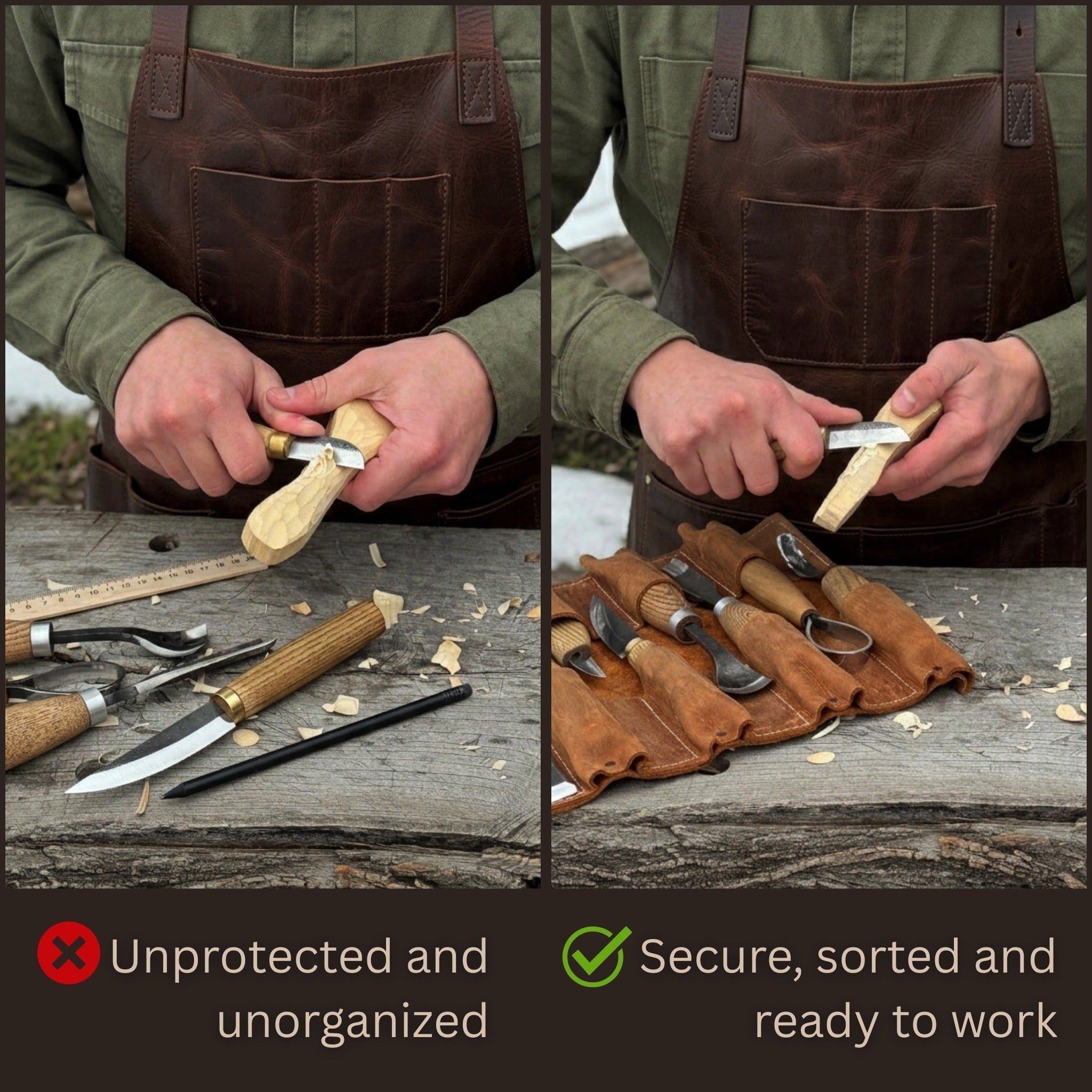 Handmade 8 pocket leather tool roll by Sharky Forged Steel Tools, open with tools inside