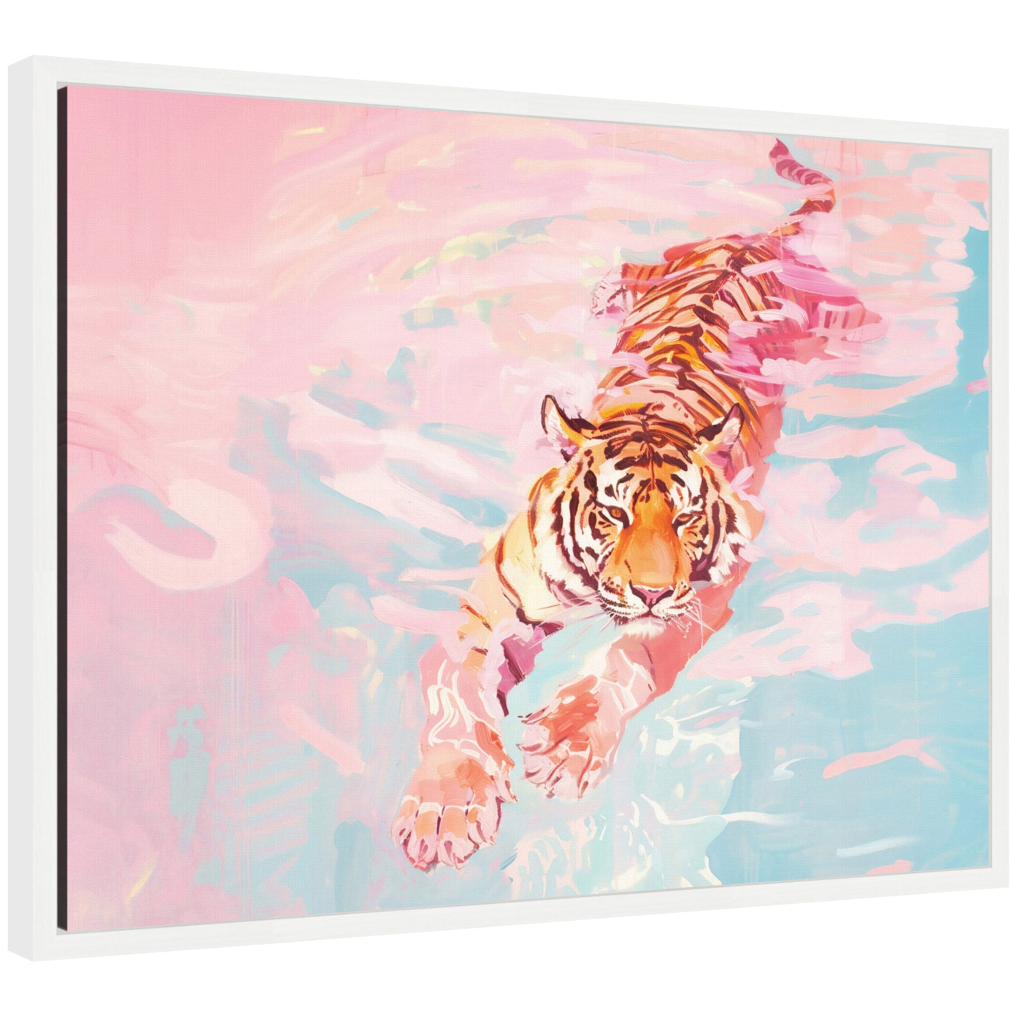 Framed canvas art of a tiger swimming in vibrant colorful landscape