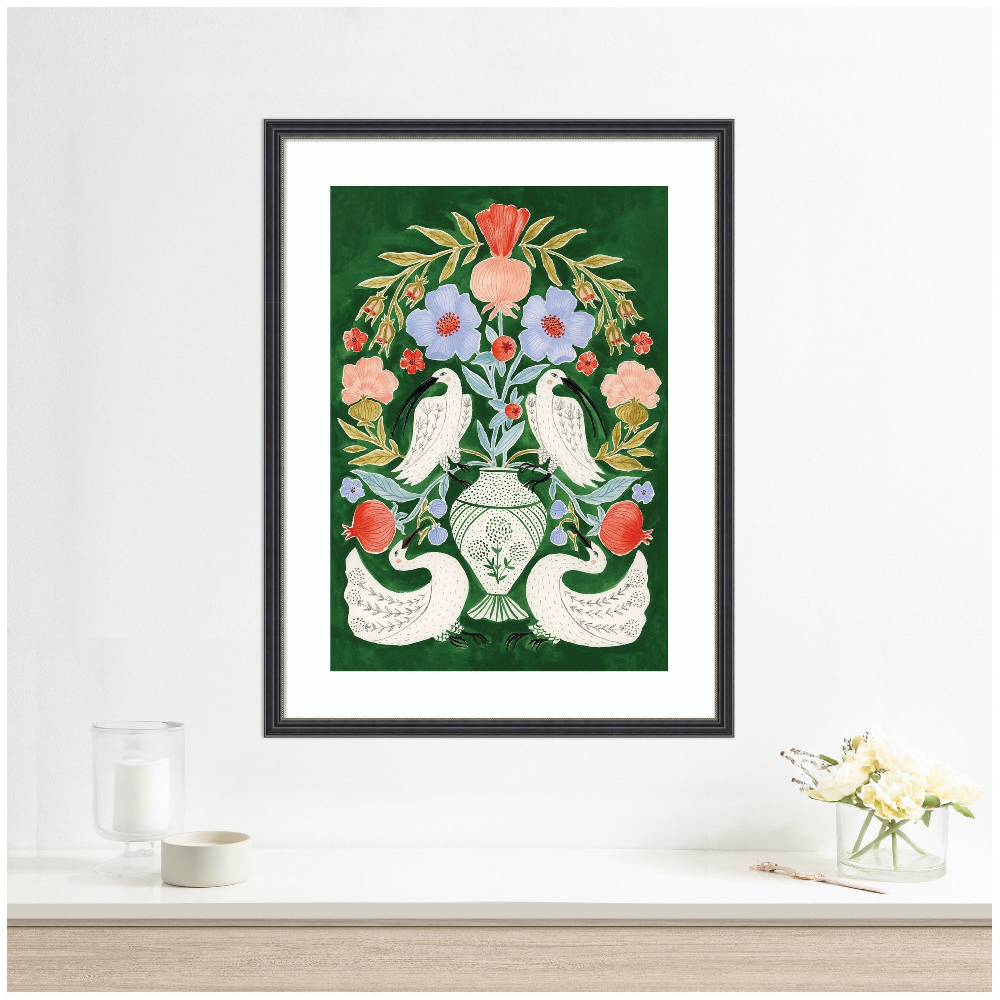 Floral Folklore Ibises and Swan by Jill Labieniec Framed Wall Art Print