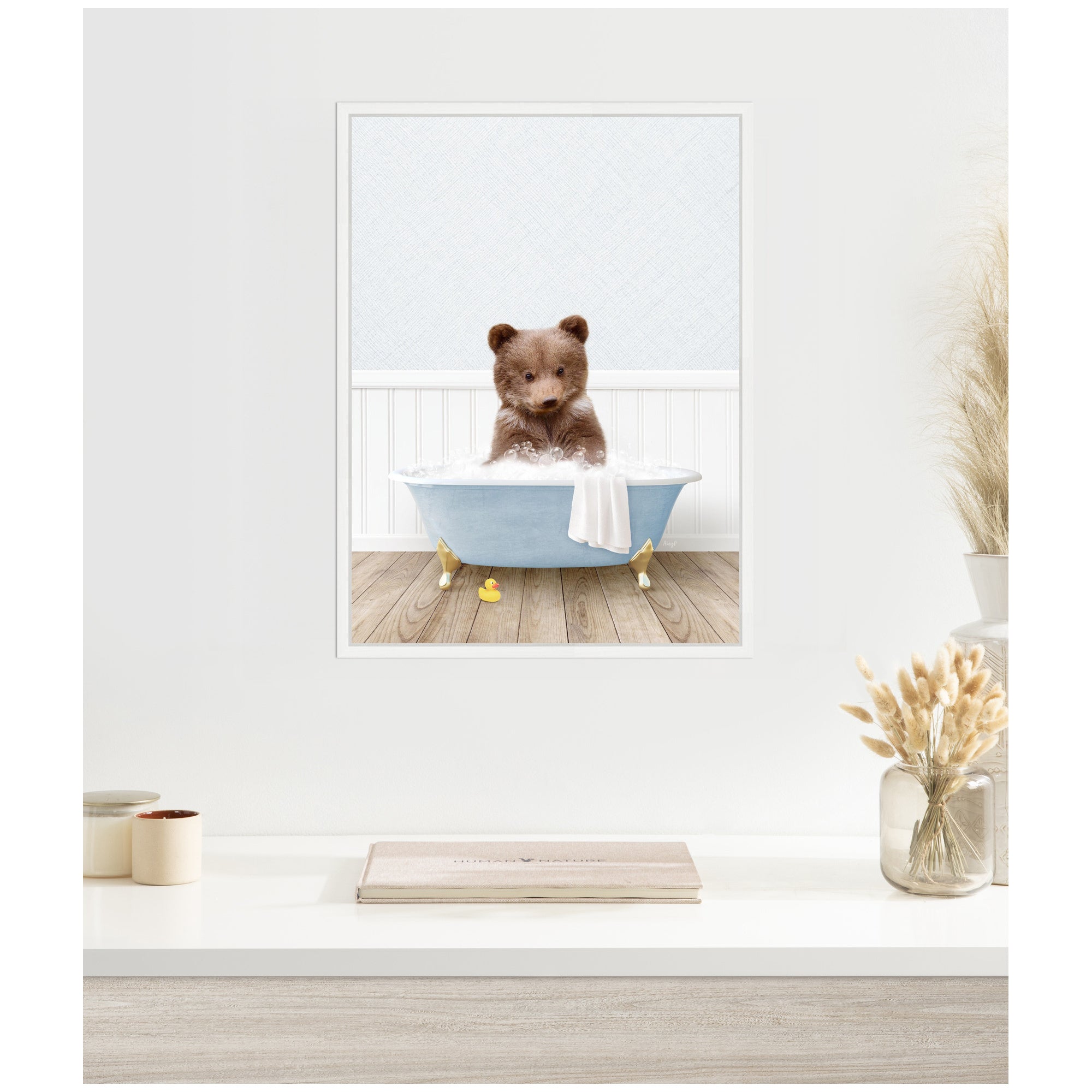 Sylvie Bear Cub in Cottage Blue Bathtub Framed Canvas by Amy Peterson