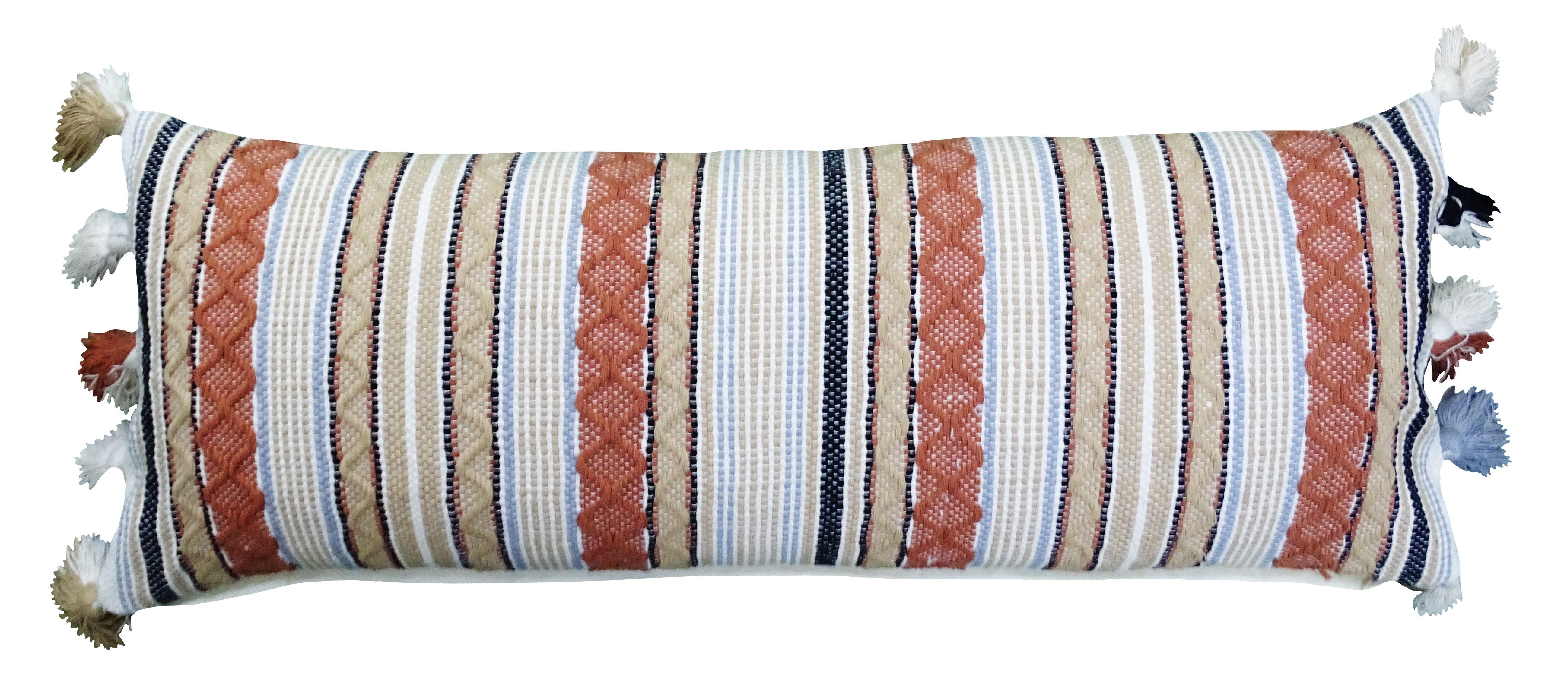 Large decorative accent throw pillow in coral multi handloom fabric with tassels on each end, laid on a white surface.
