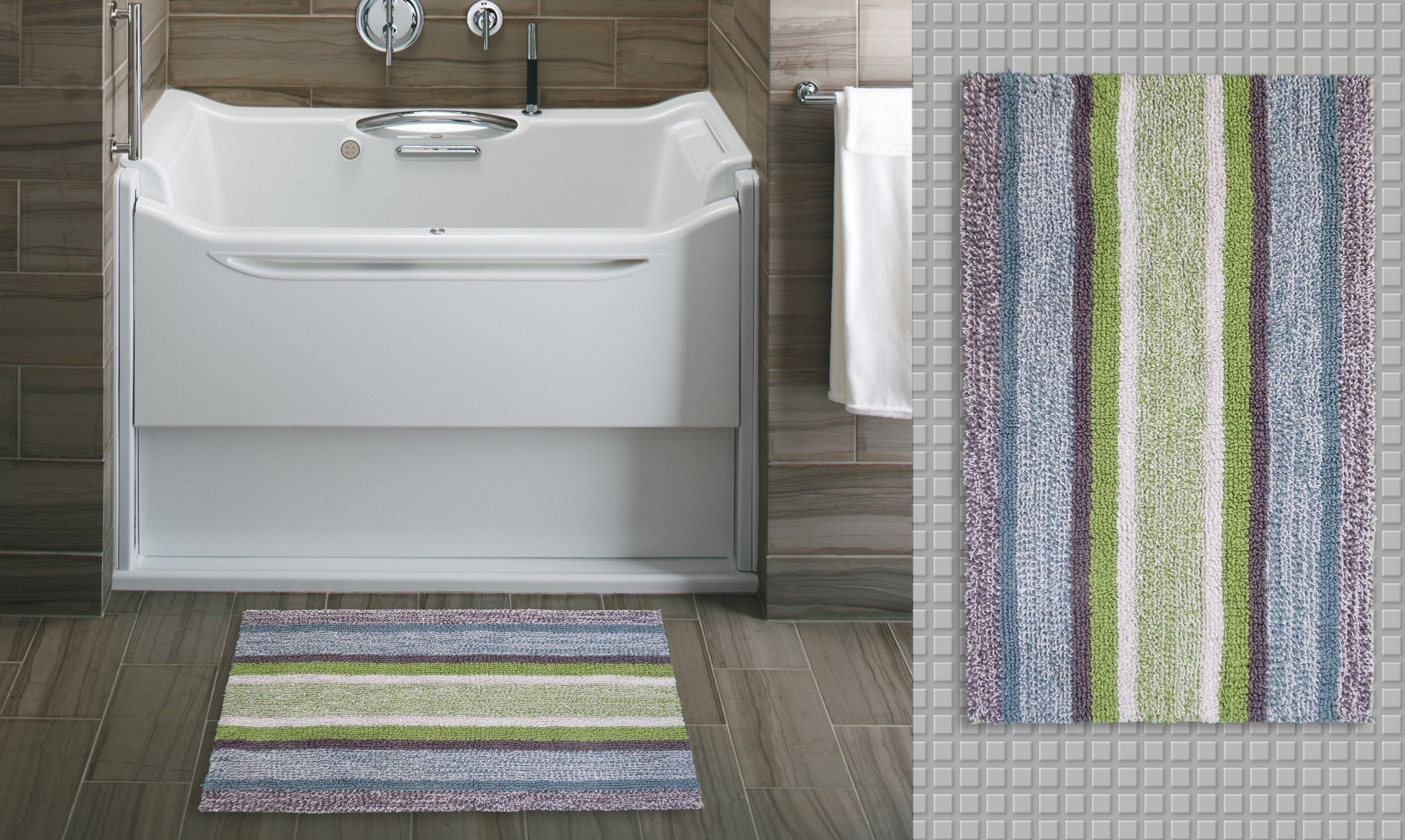 CHICOS HOME Multi Color Striped Bath Rug with blue, grey, and green stripes on a light floor