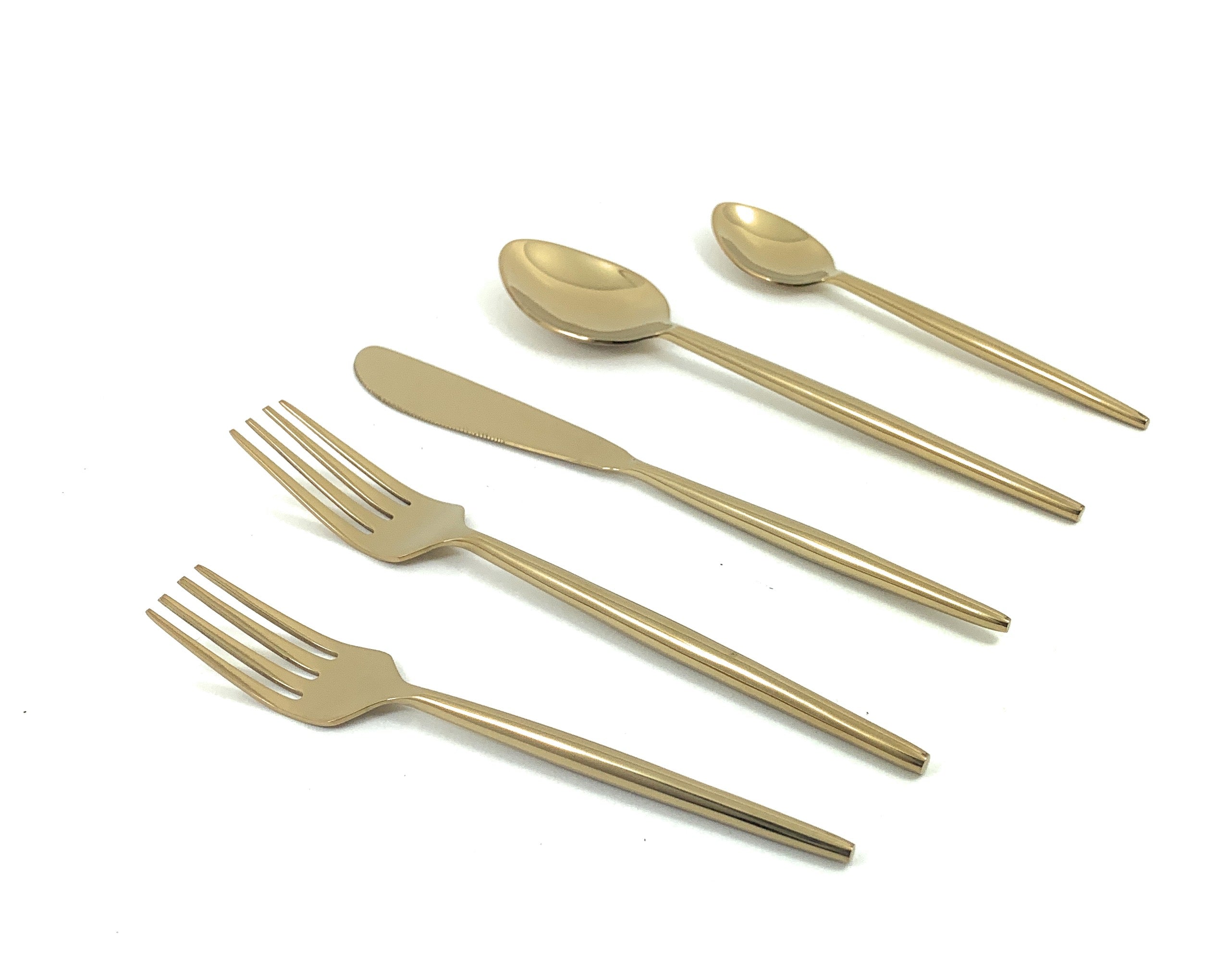 Vibhsa 20 Piece Golden Flatware Set displayed with forks, knives, and spoons on linen tablecloth