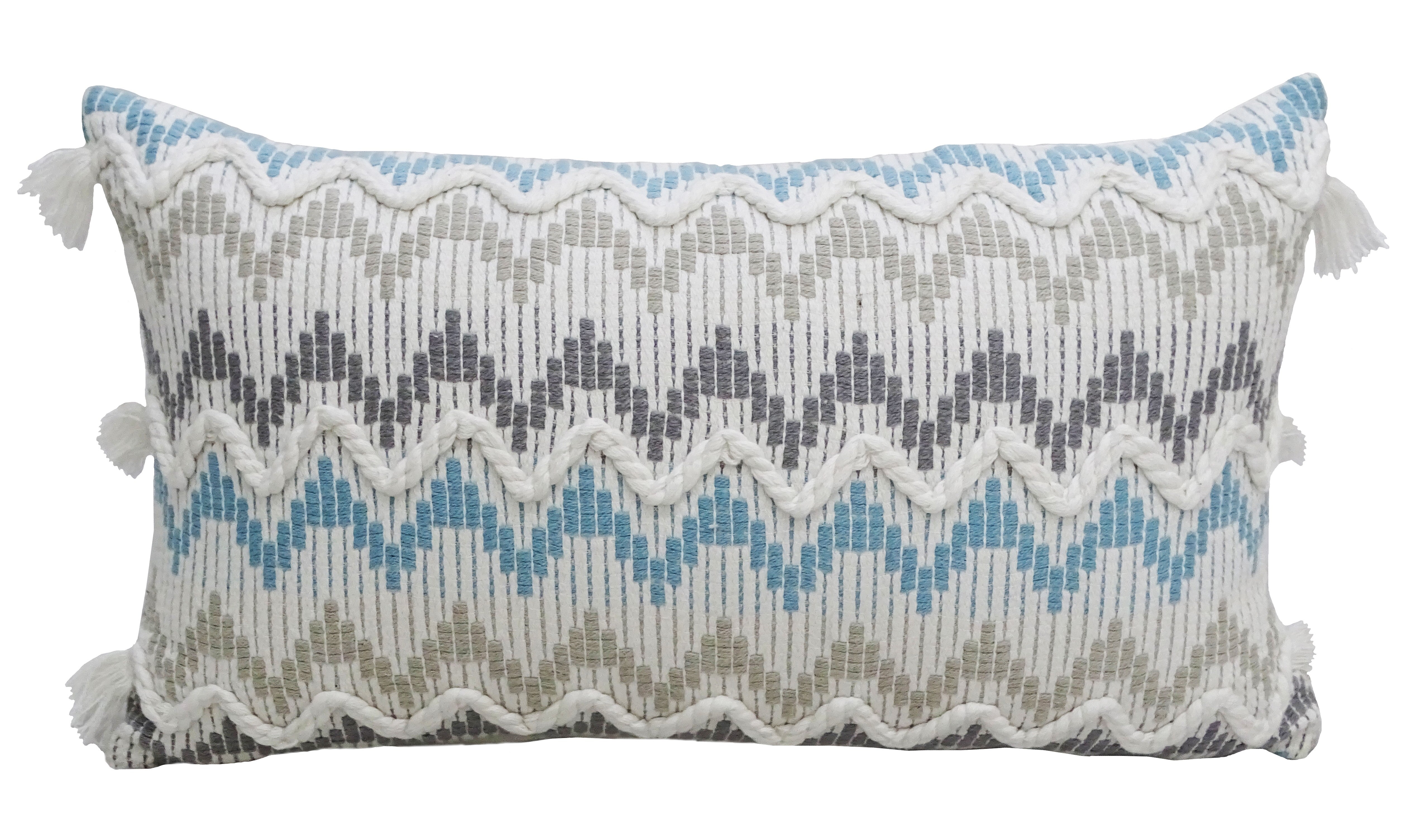 Chevron Throw Pillow 14x24 inches with braid and tassels on sofa