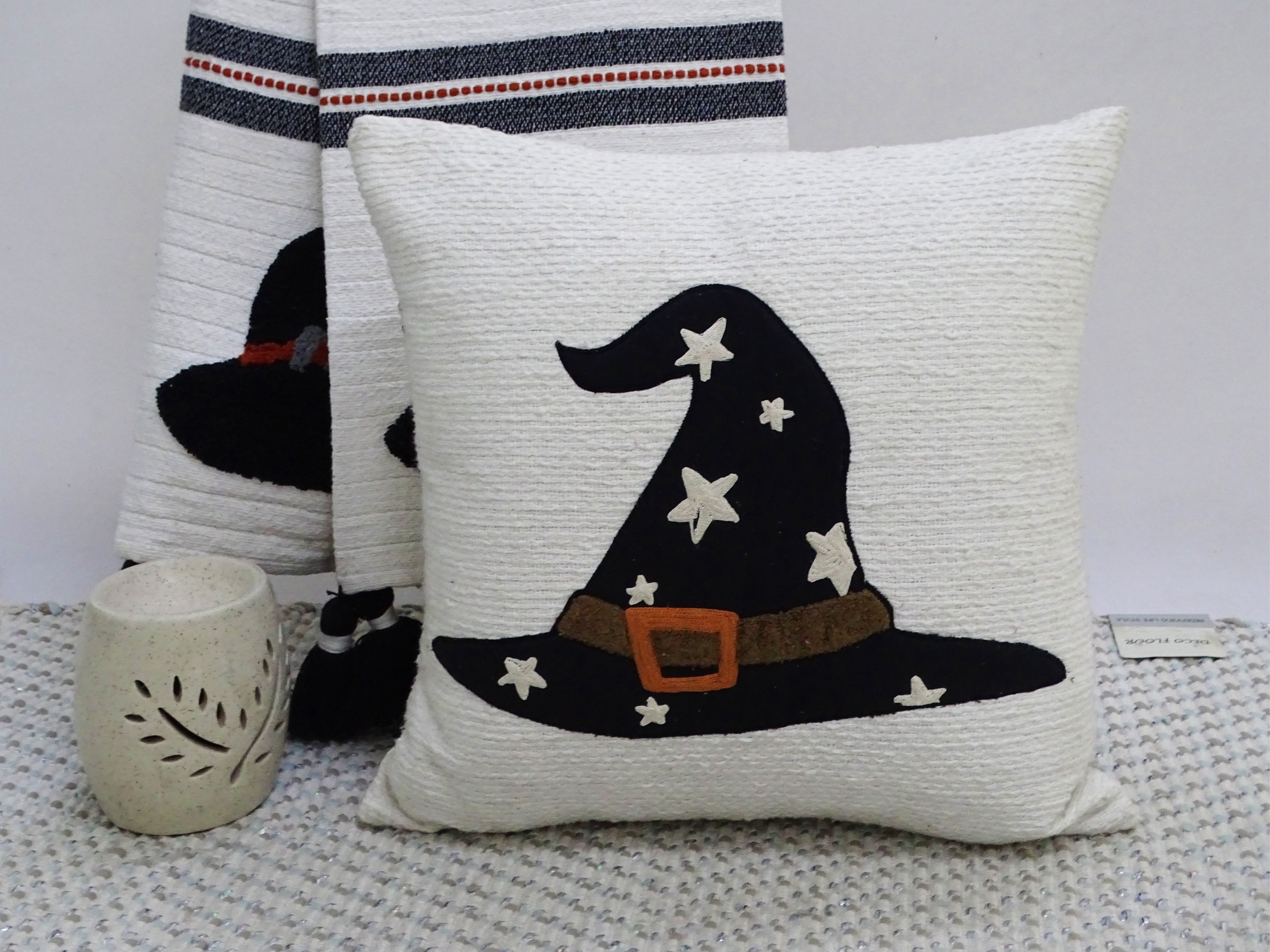 Halloween decorative throw pillow 20x20 with colorful embroidery on handwoven cotton, solid color back