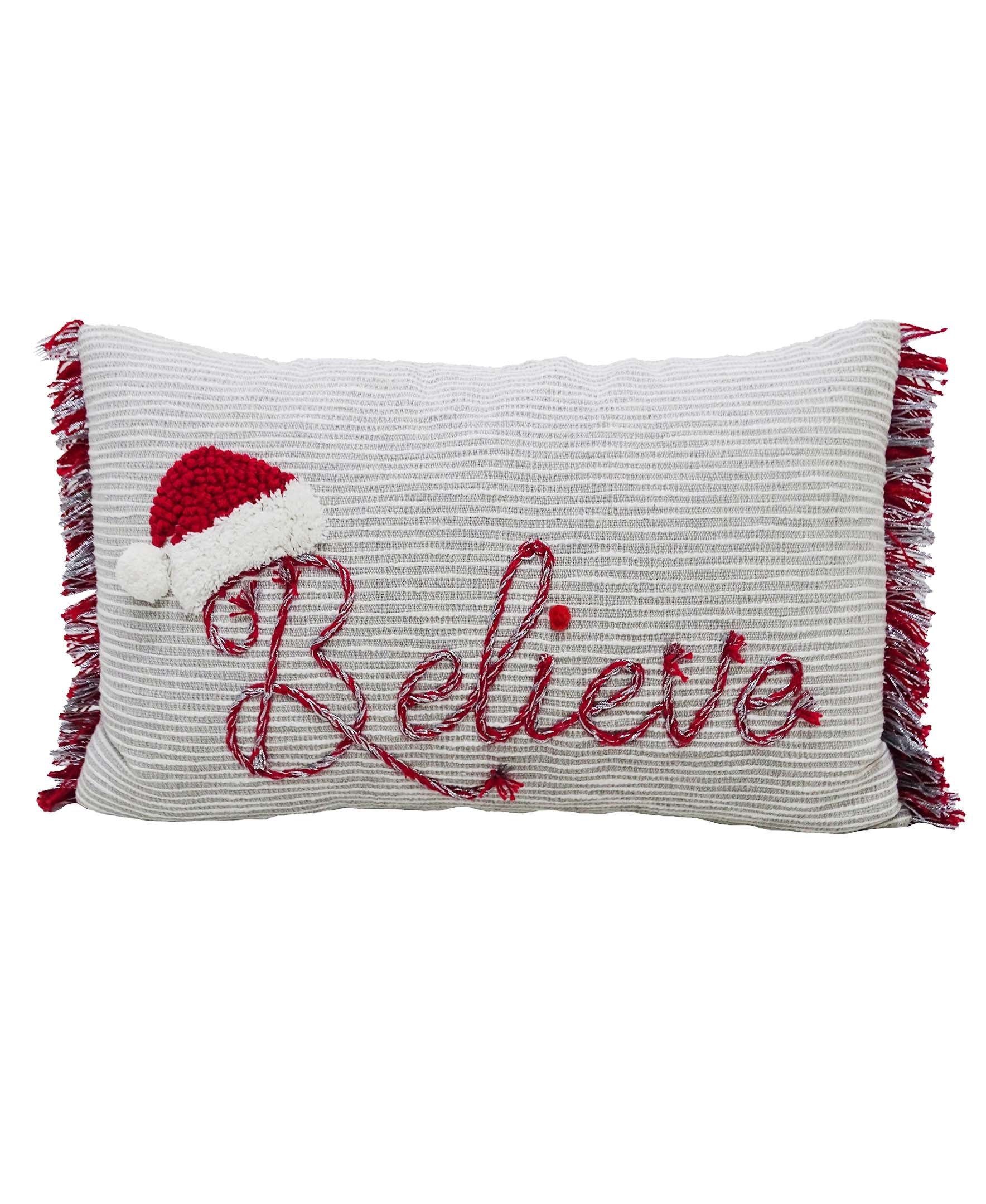 Christmas Throw Pillow for couch 'Believe' 14 x 24 with decorative front and solid color back