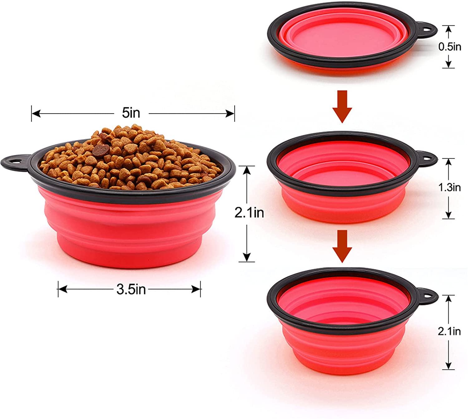 Set of five bright red collapsible small dog bowls stacked and attached with a climbing buckle