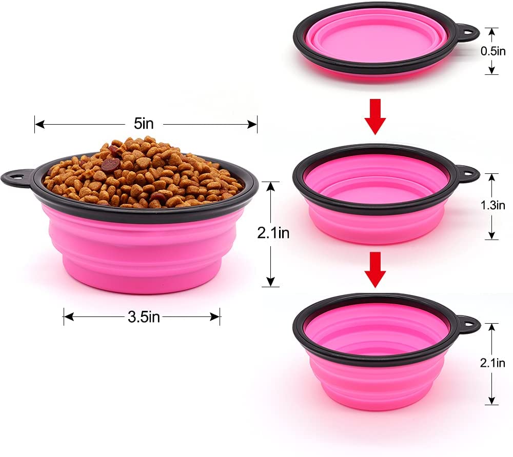 Set of five pink portable and foldable small dog bowls with climbing buckles