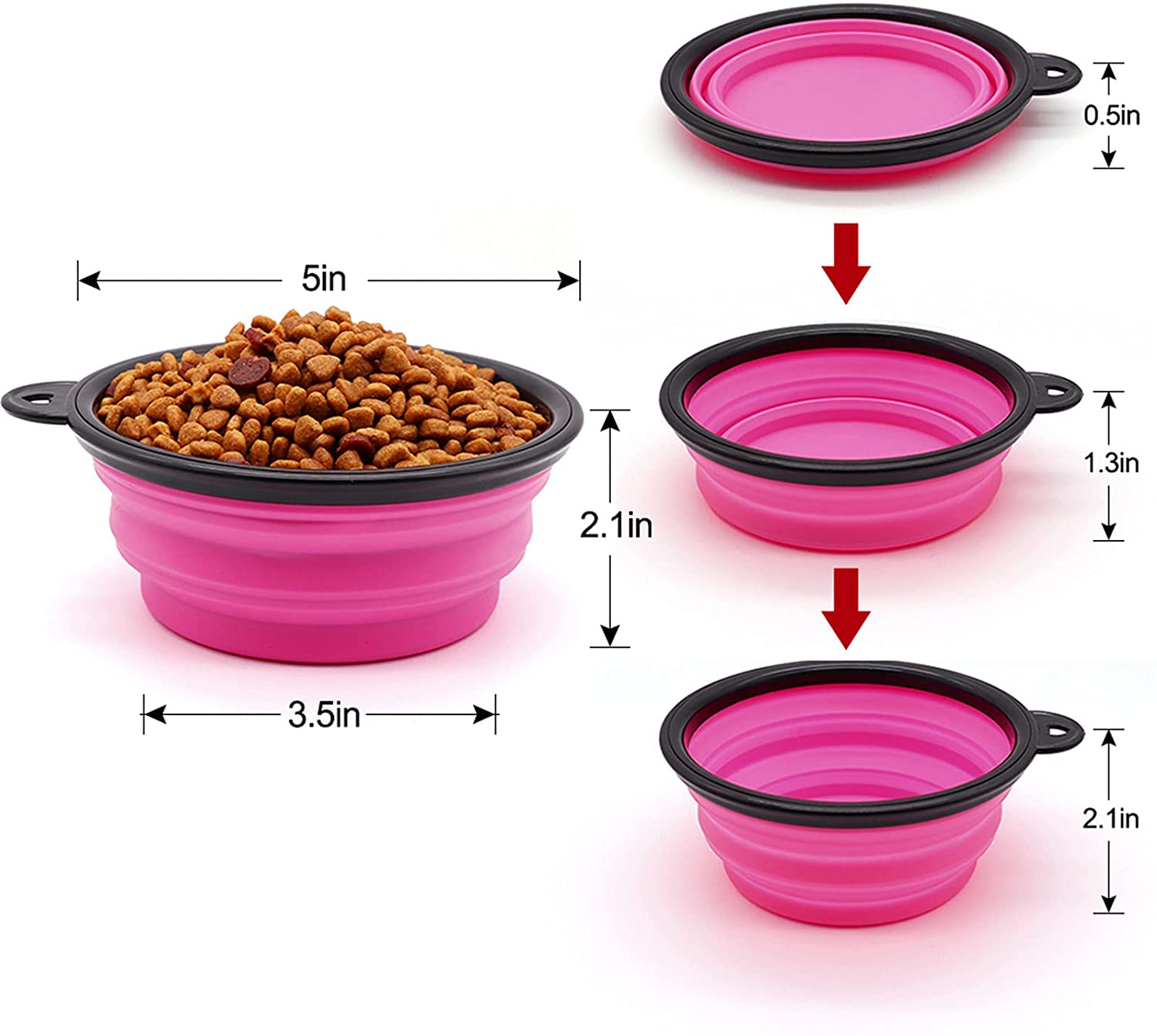 Set of five purple collapsible silicone dog bowls in various expanded and folded views