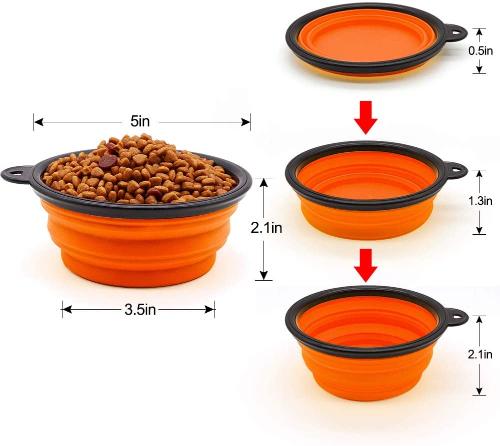 Orange 5" portable and foldable silicone dog bowls stacked and individually displayed
