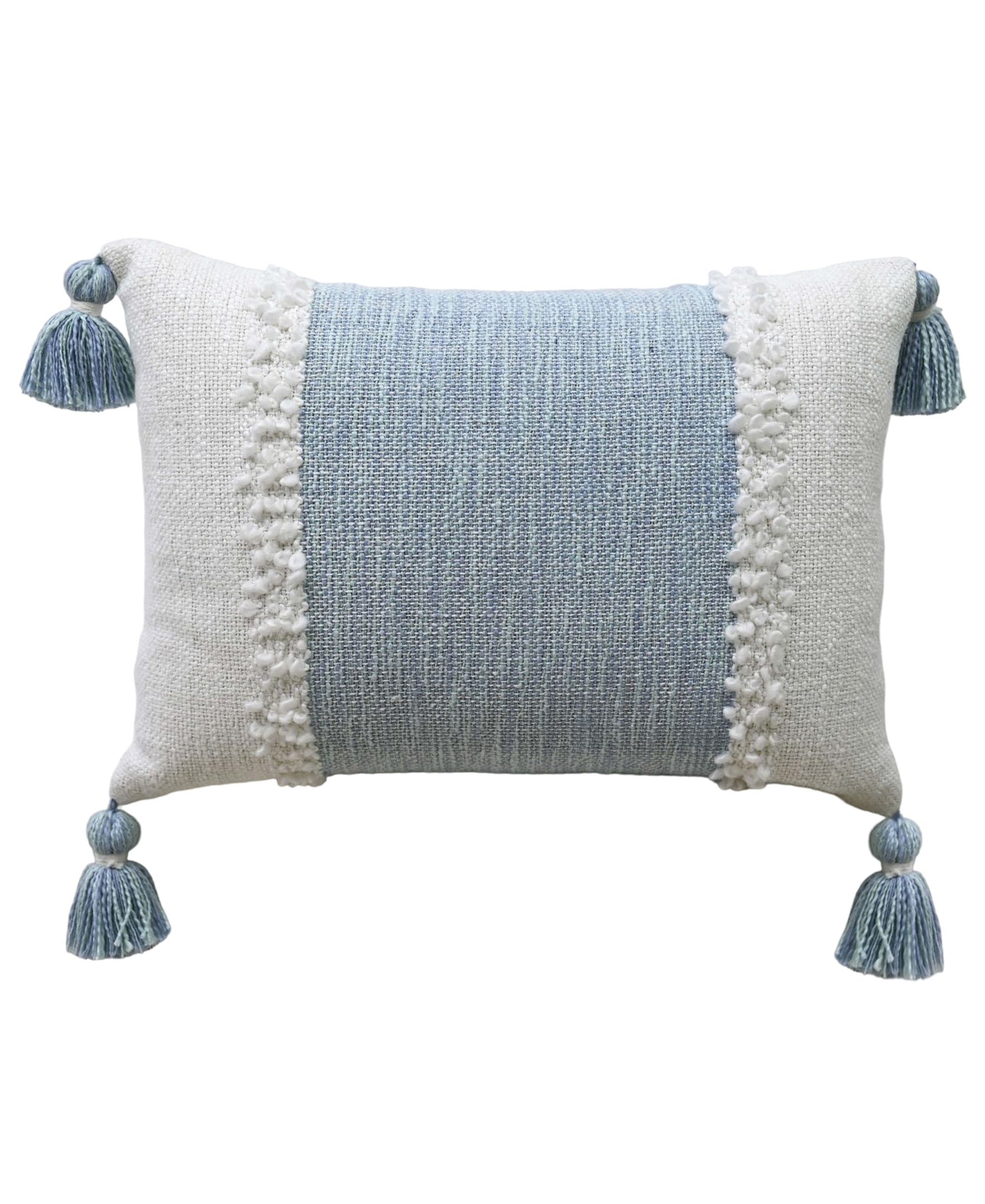 Handloom woven textured decorative pillow with corner tassels on a light background