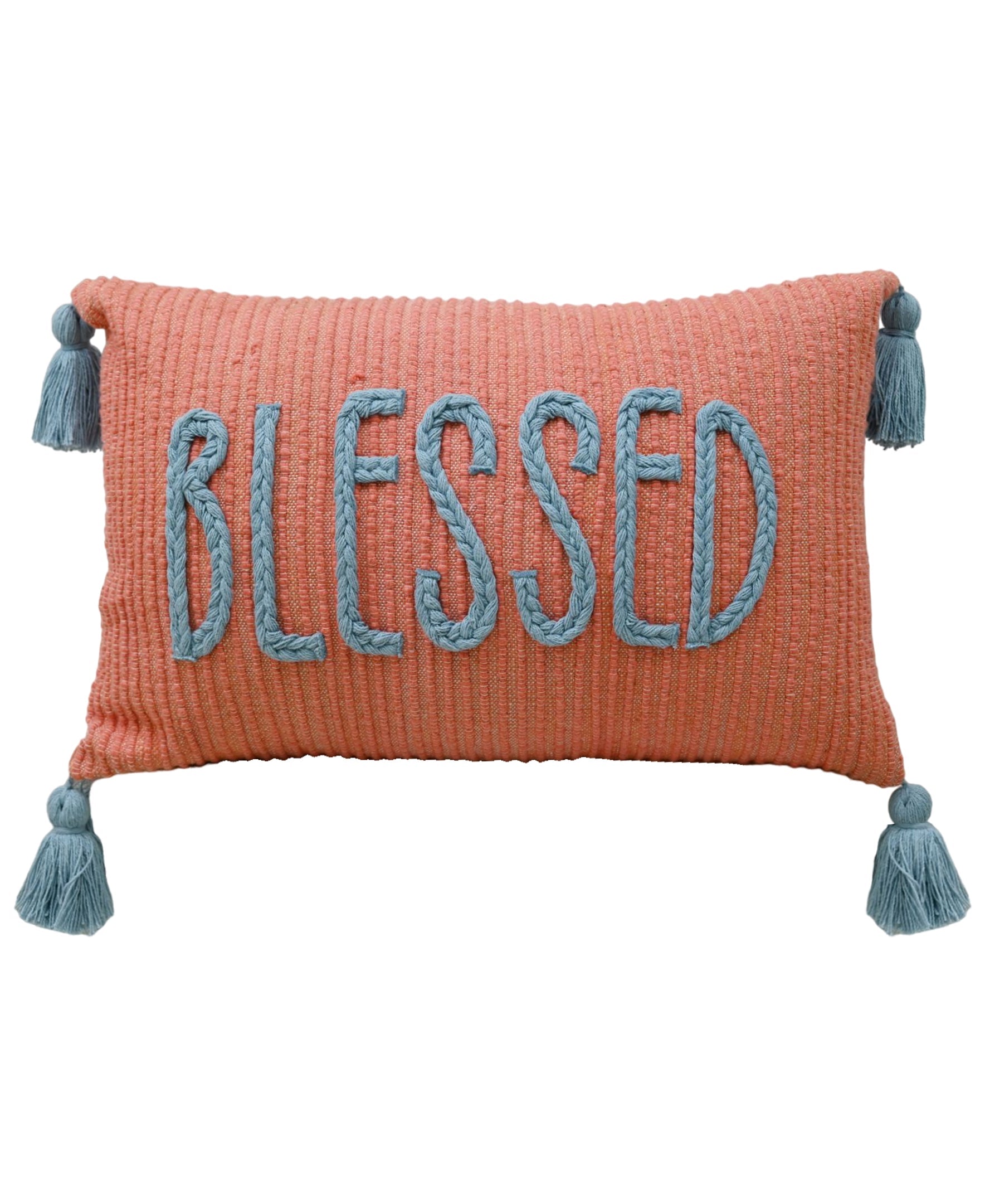 Vibhsa handwoven braid couching decorative pillow with corner tassels in warm beige tones on a white surface