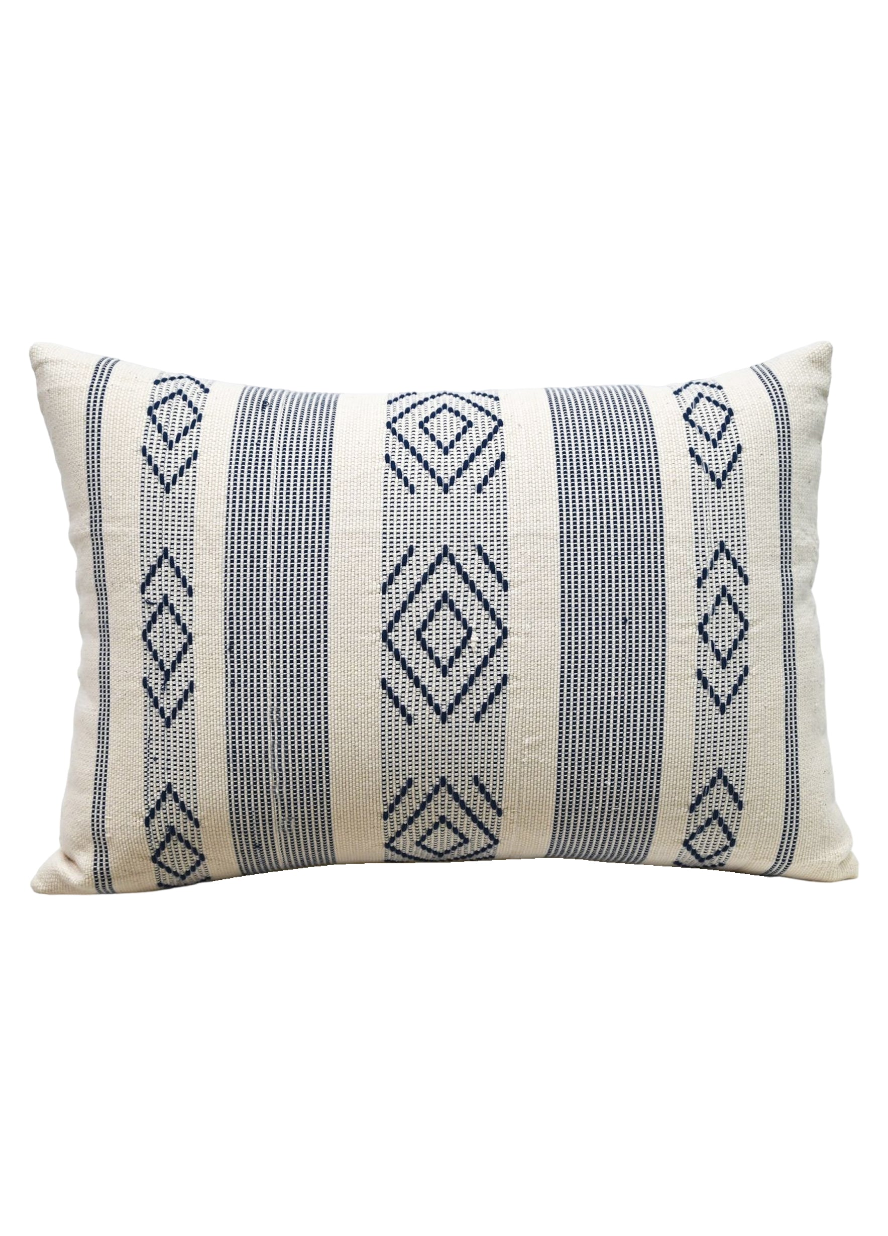 Jacquard Woven Decorative Throw Pillow with navy and ivory pattern displayed on a couch.