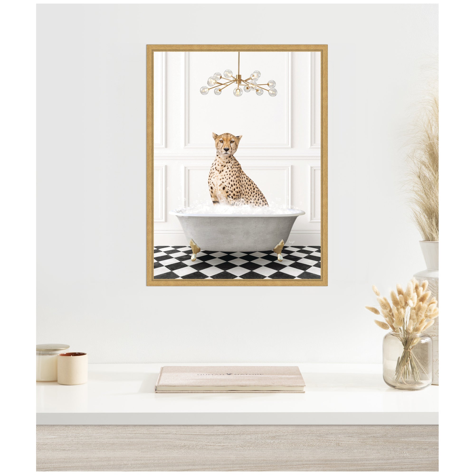 Sylvie Cheetah in Gray Bathtub on Checker Floor Framed Canvas by Amy Peterson