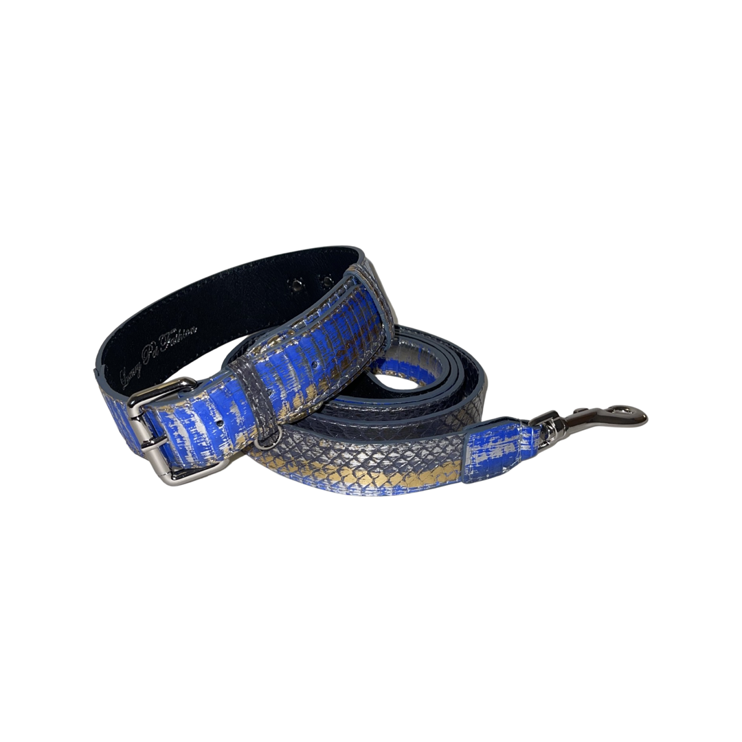 Stunning multi-color blue, silver, and gold snake pattern classic collar and leash set with silver hardware