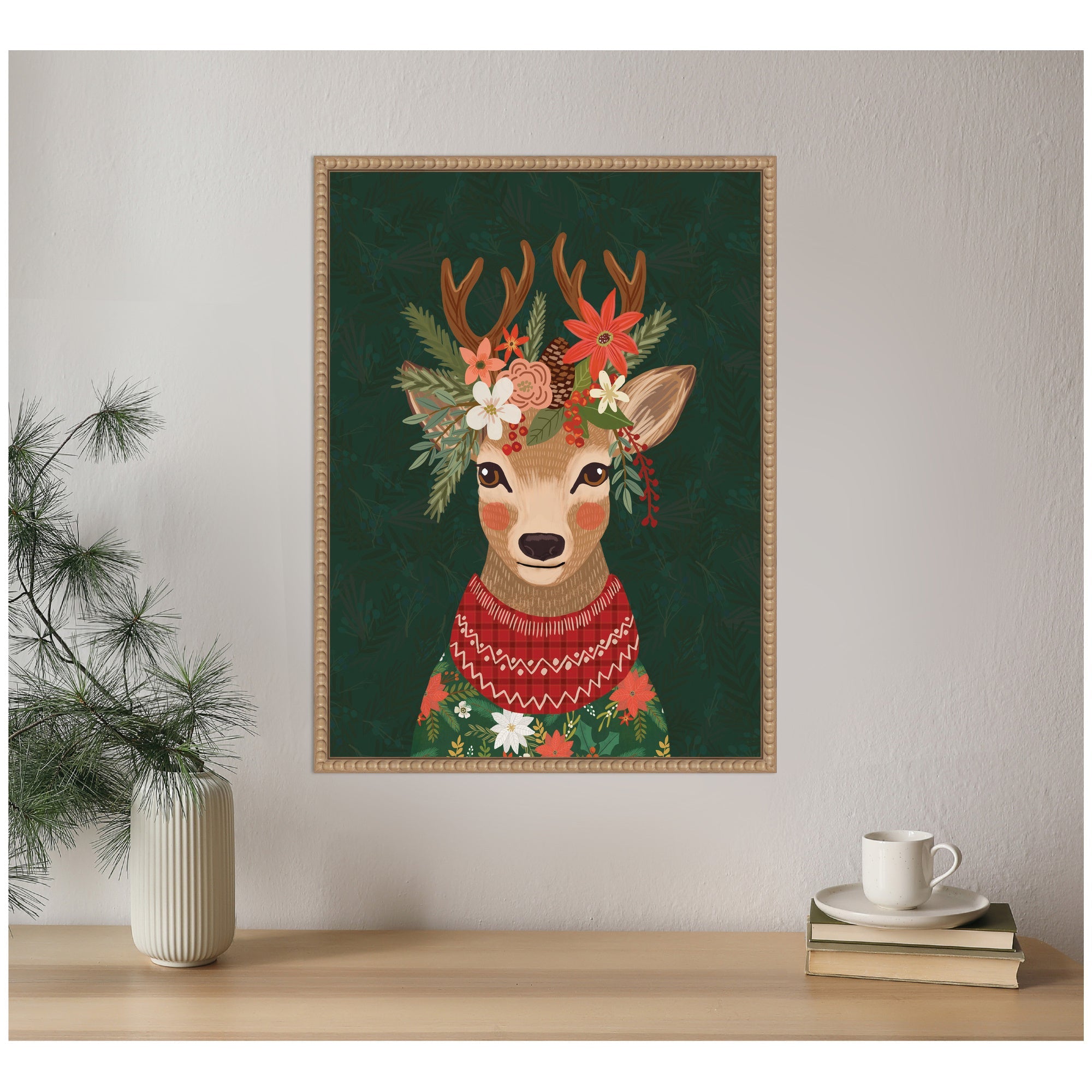 Sylvie Beaded Christmas Deer Framed Canvas by Mia Charro