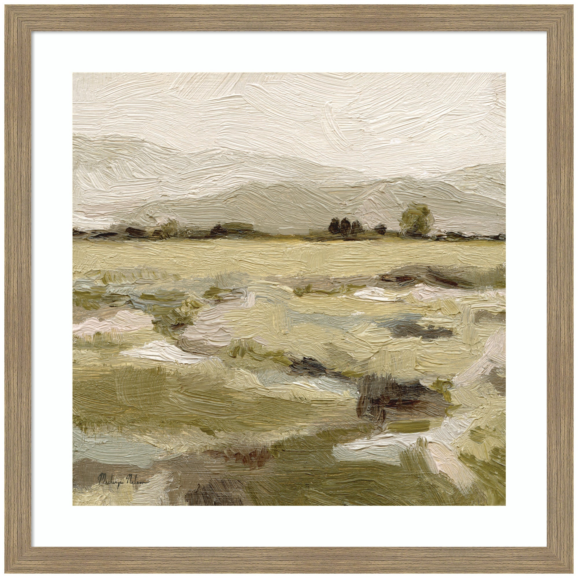 Petit Views No 8 by Mackenzie Nelson framed wall art print in woodgrain stripe mocha frame hung on wall