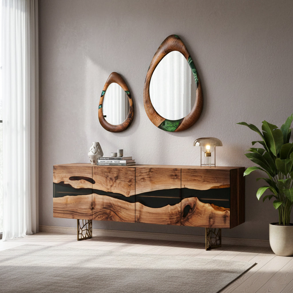 Wood and resin dining room buffet and sideboard table made of walnut from the Voronoi Collection