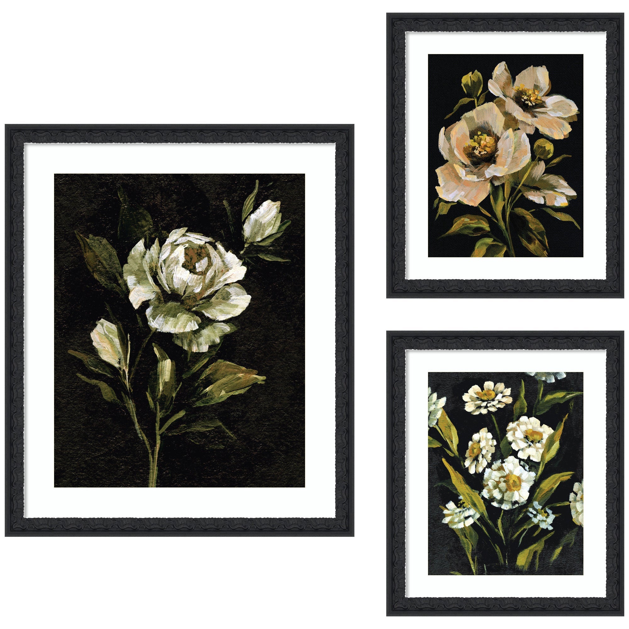 Moody Whites Floral No.
2 3 Piece Framed Wall Art arranged on a pale wall above a sofa with shelves
