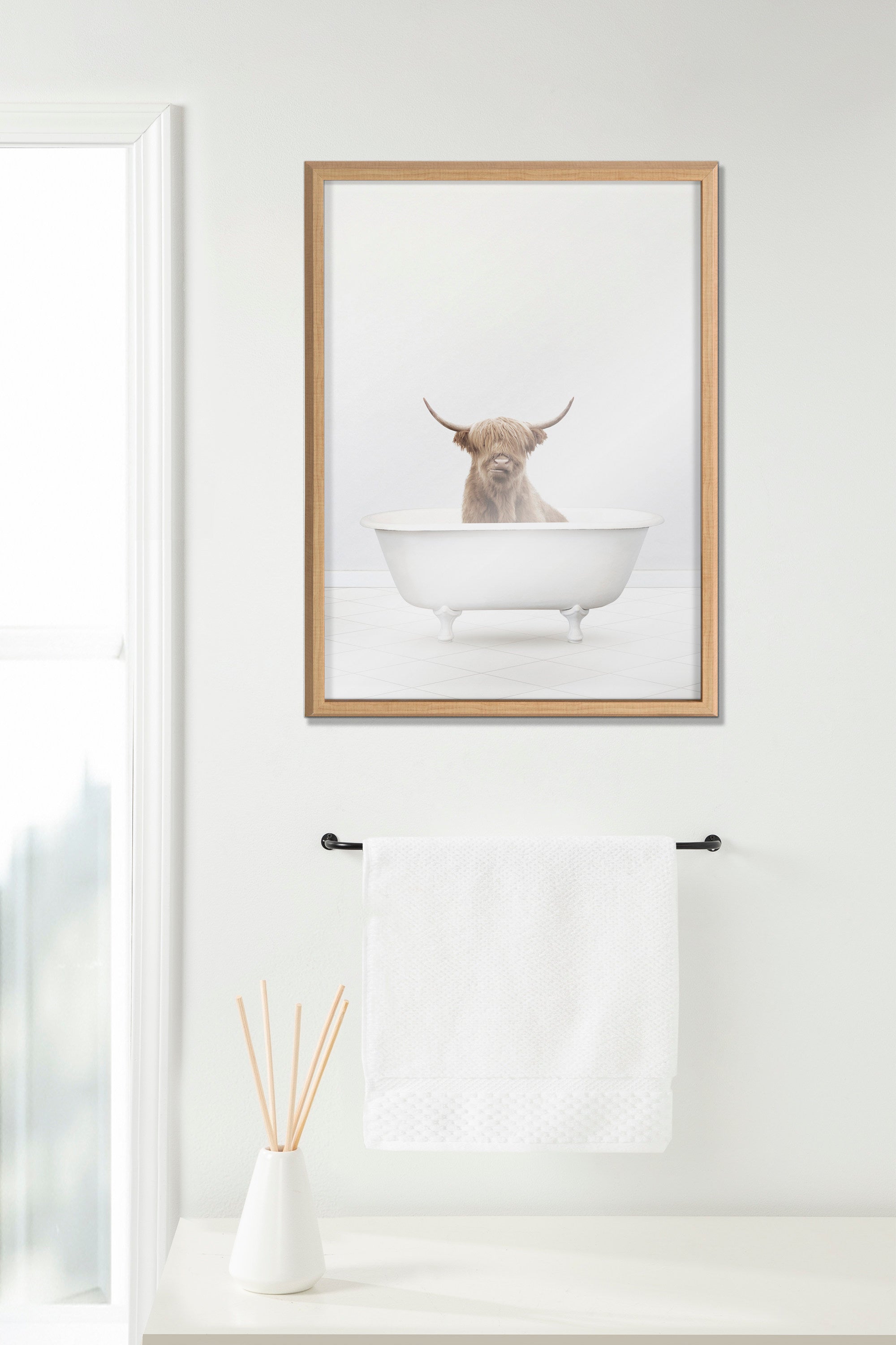 Blake Highland Cow Solo Bathtub Framed Printed Glass by Amy Peterson Art Studio