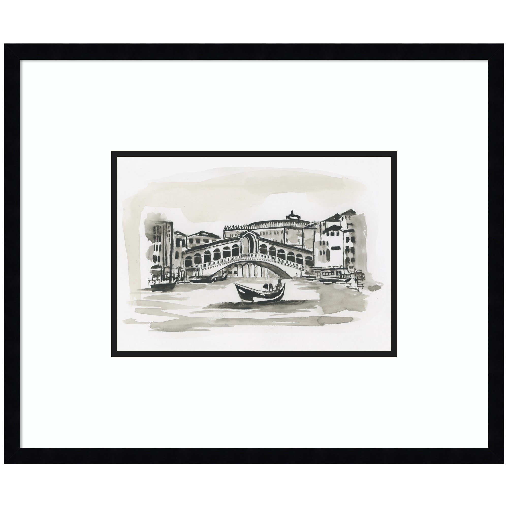 Framed wall art print titled 'Postcard Venice' by Teju Reval showing cityscape in black and white with red accents, set in a black frame